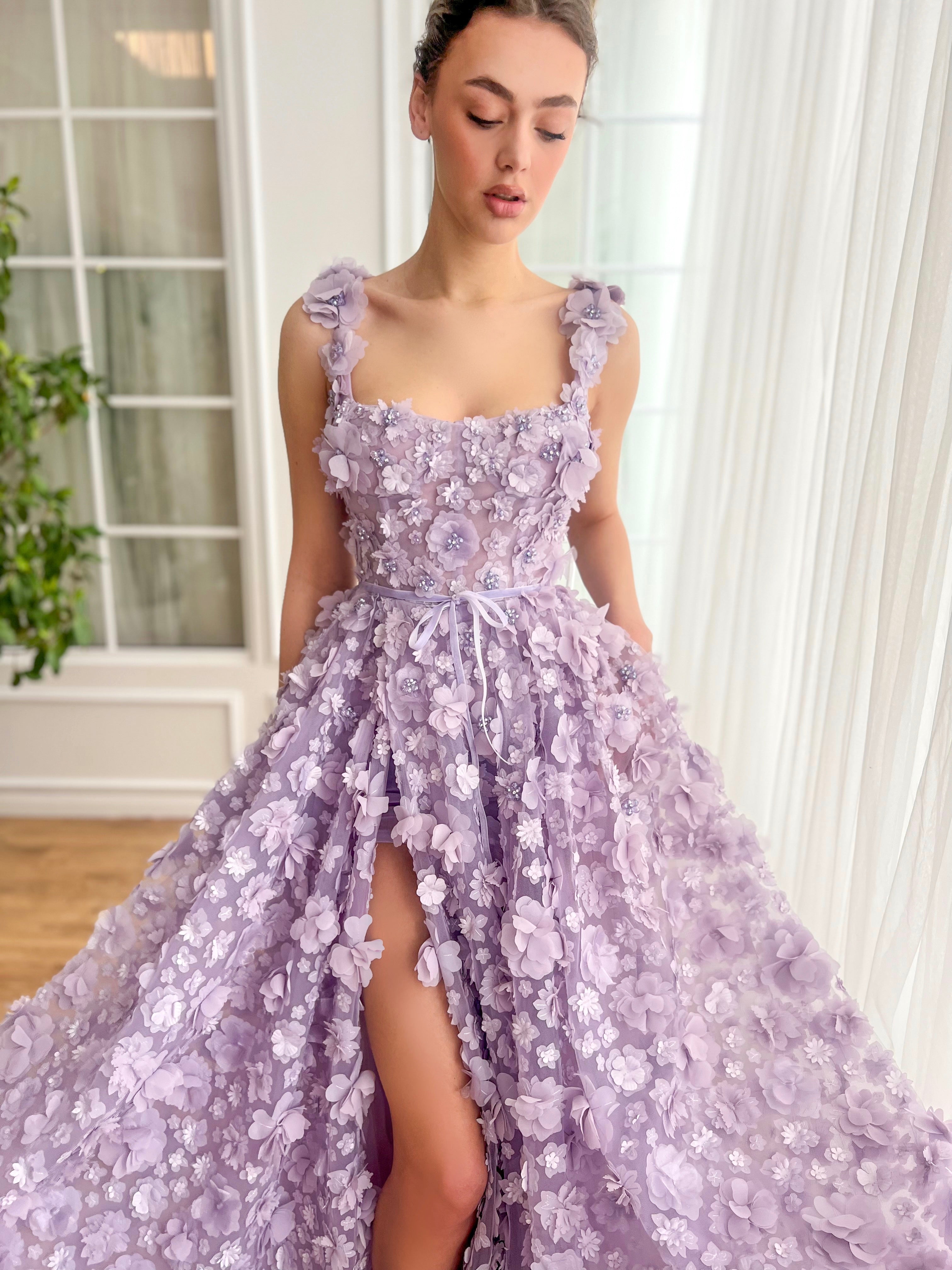 Purple A-Line dress with embroidered flowers and spaghetti straps
