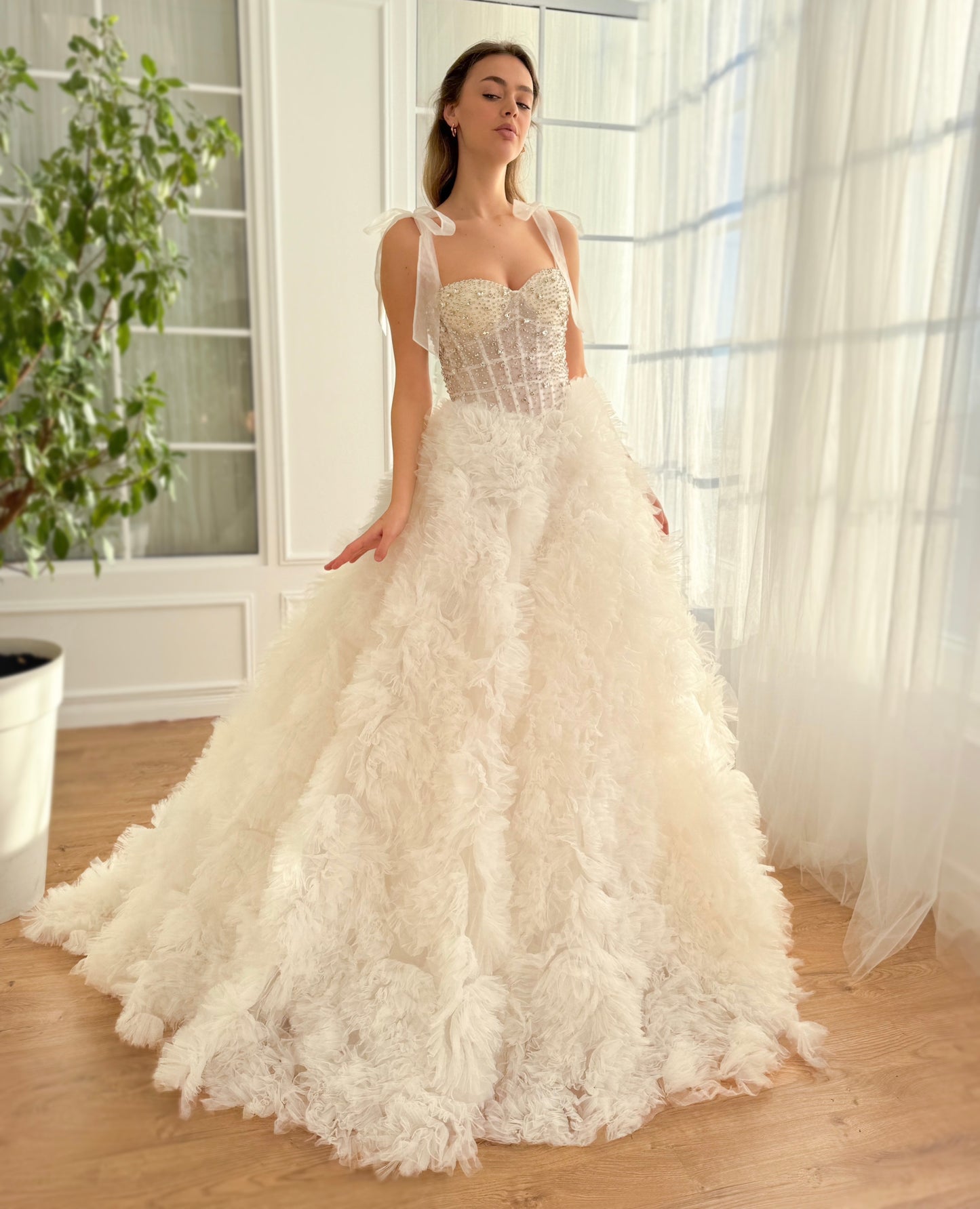 White A-Line dress with bow straps and embroidery