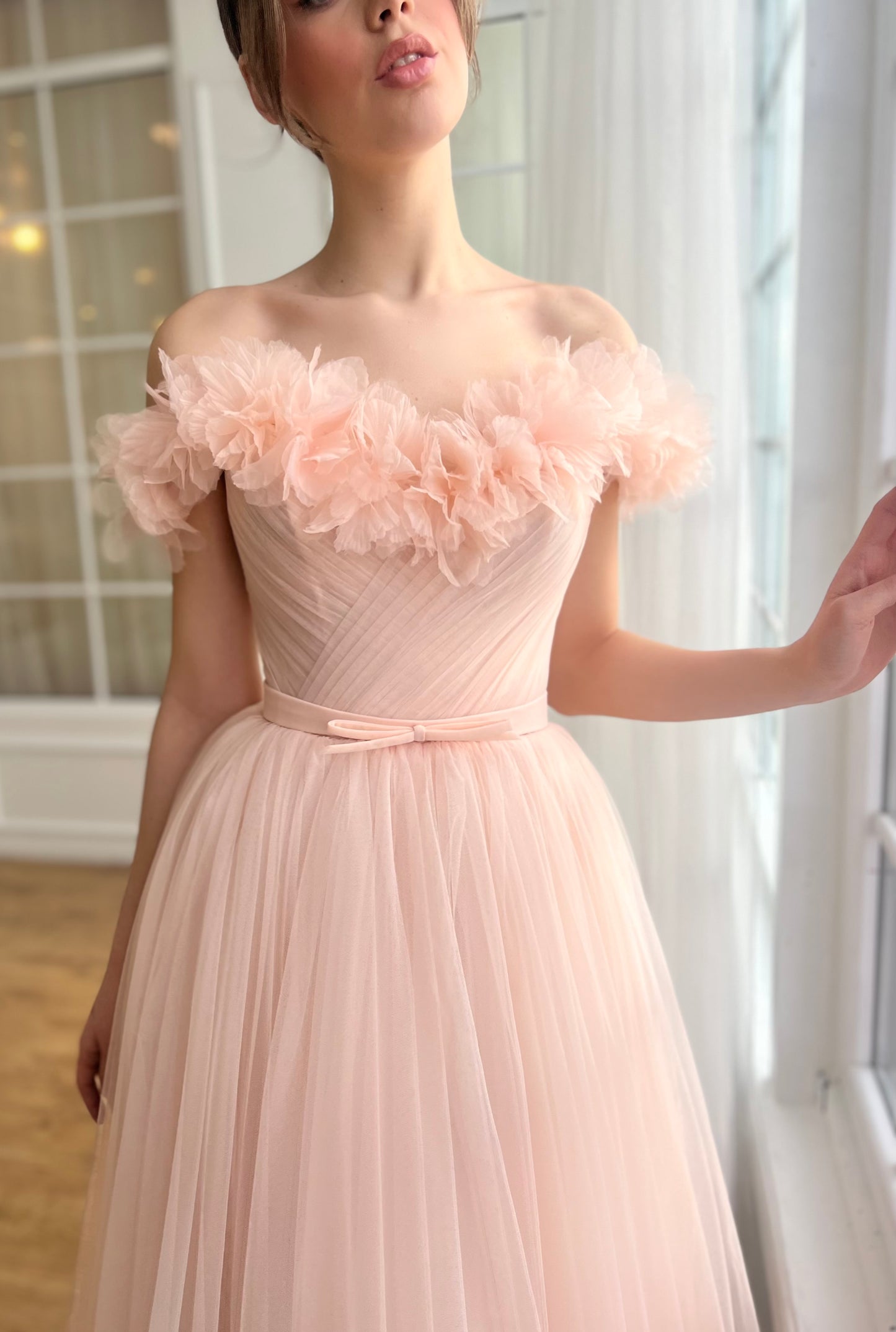 Peach midi dress with off the shoulder sleeves and embroidery
