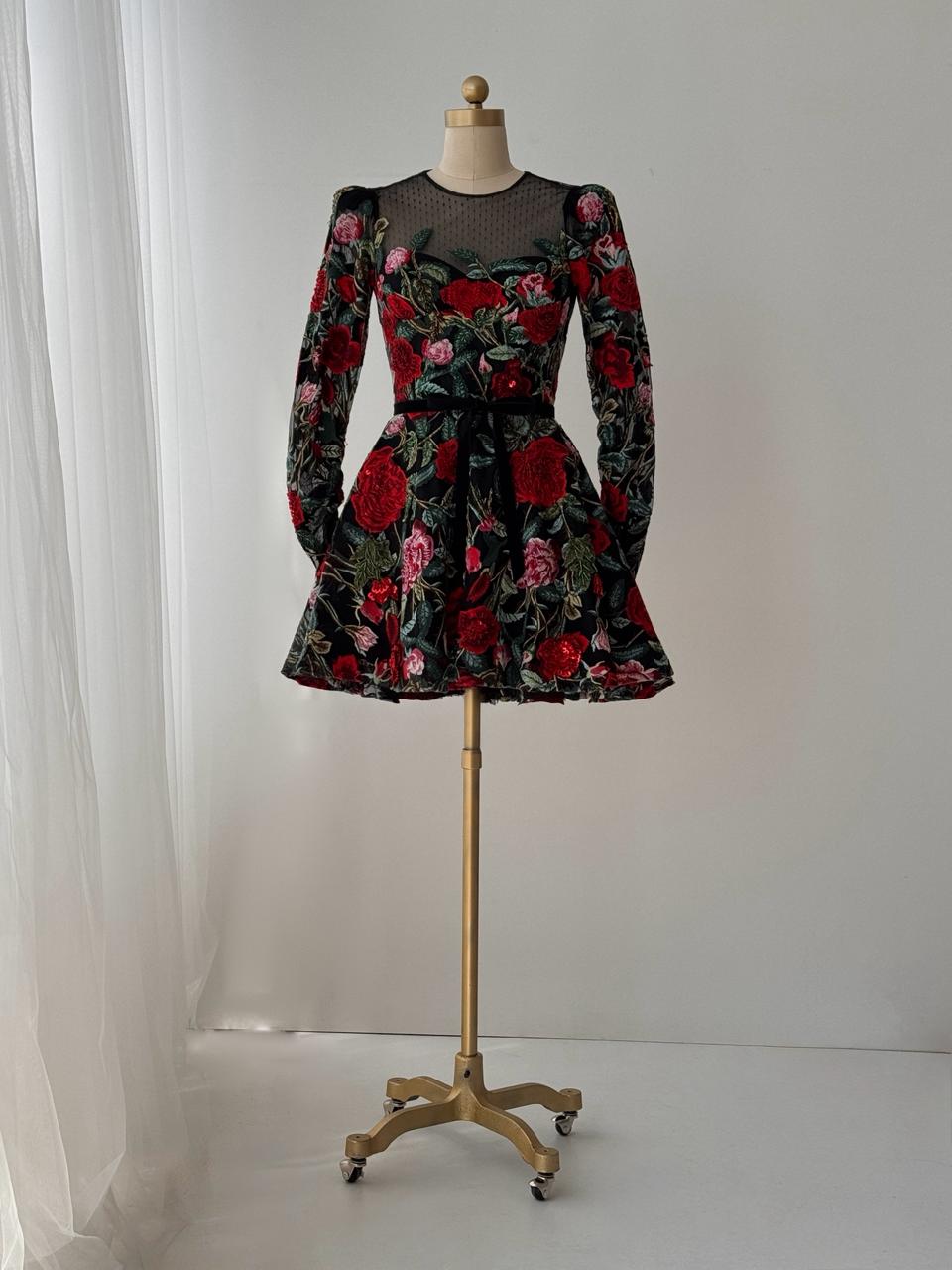 floral mini dress with embroidery and long sleeves