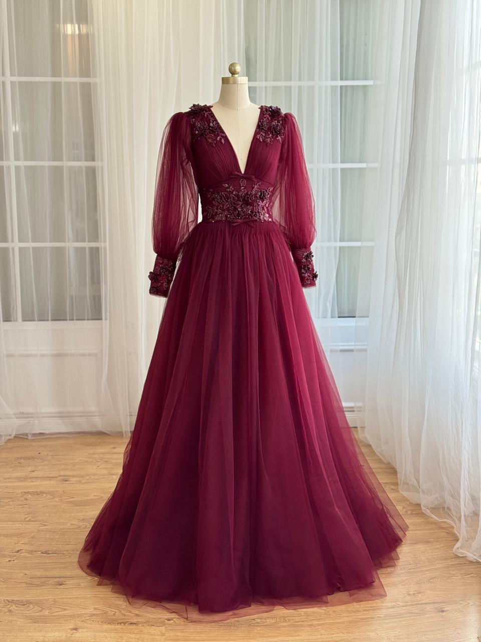 Burgundy A-Line dress with v-neck, long sleeves and embroidery