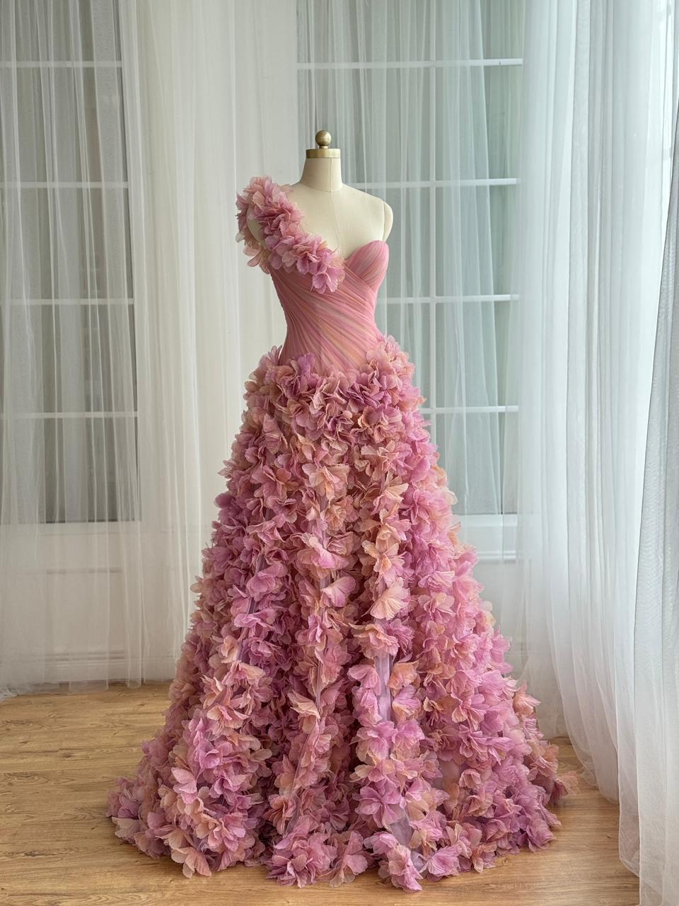 Pink A-Line dress with floral embroidered skirt, floral strap and one shoulder strap