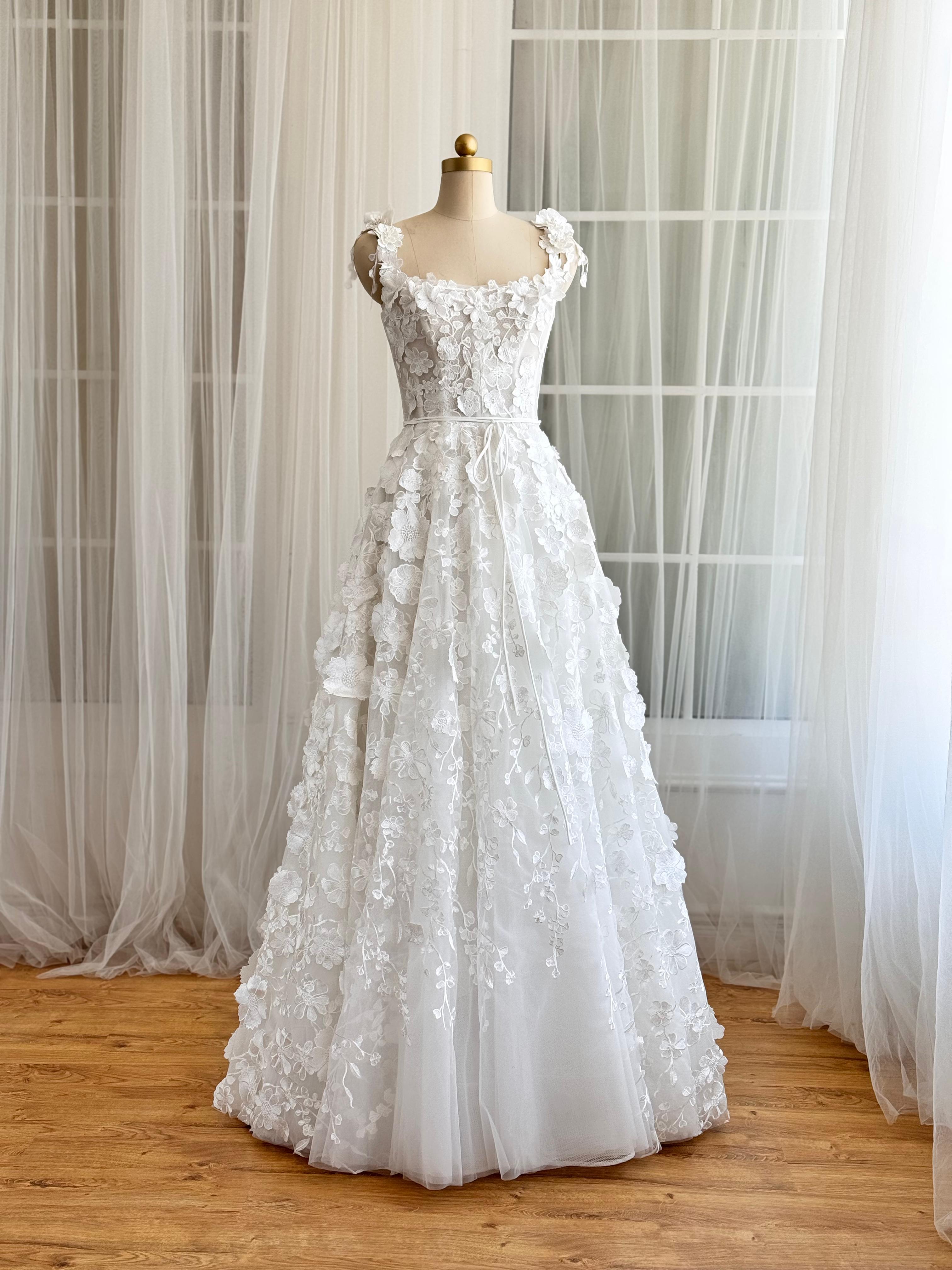 White bridal A-Line dress with floral embroidery and straps