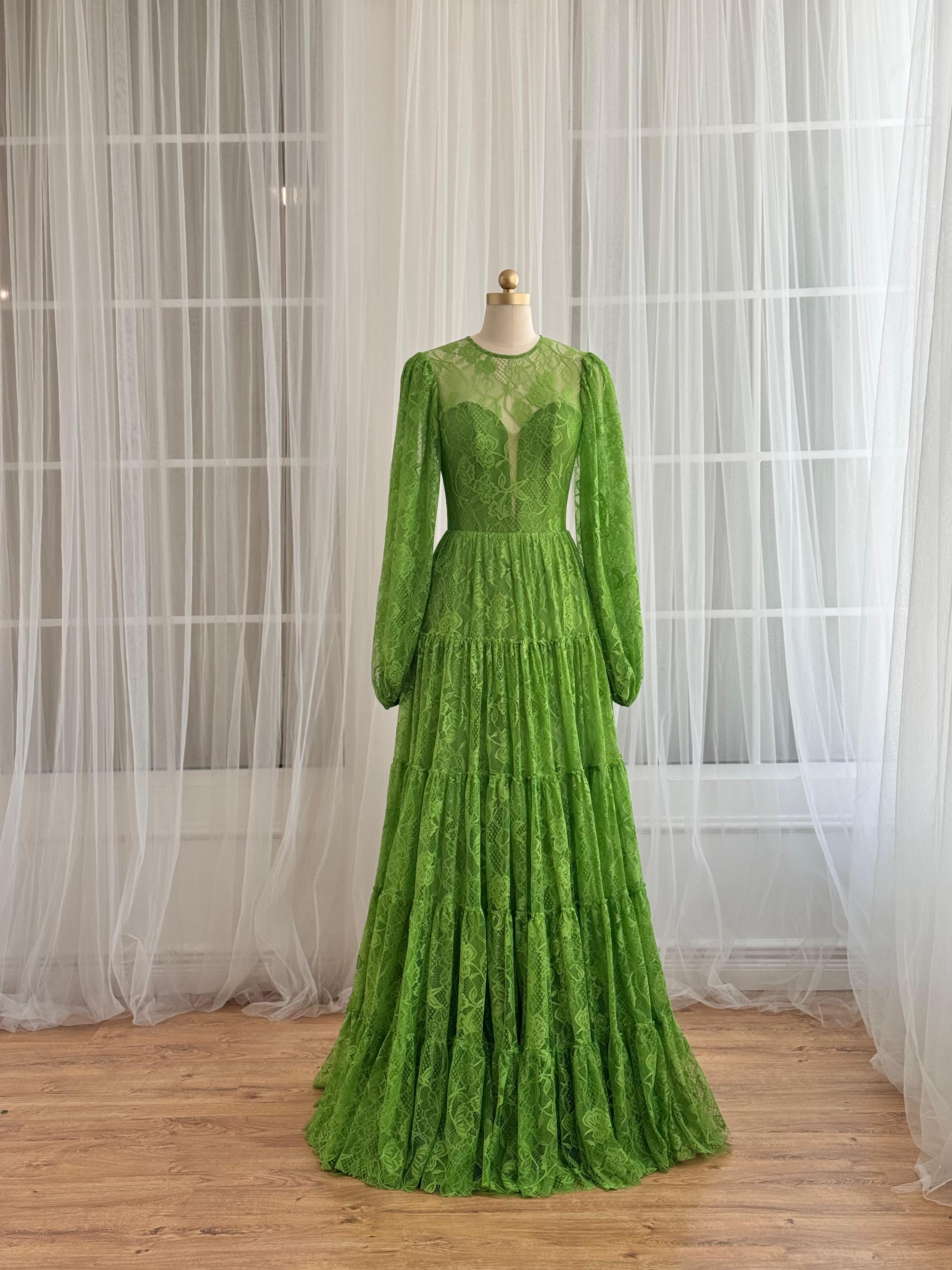 Green A-Line dress with lace and long sleeves