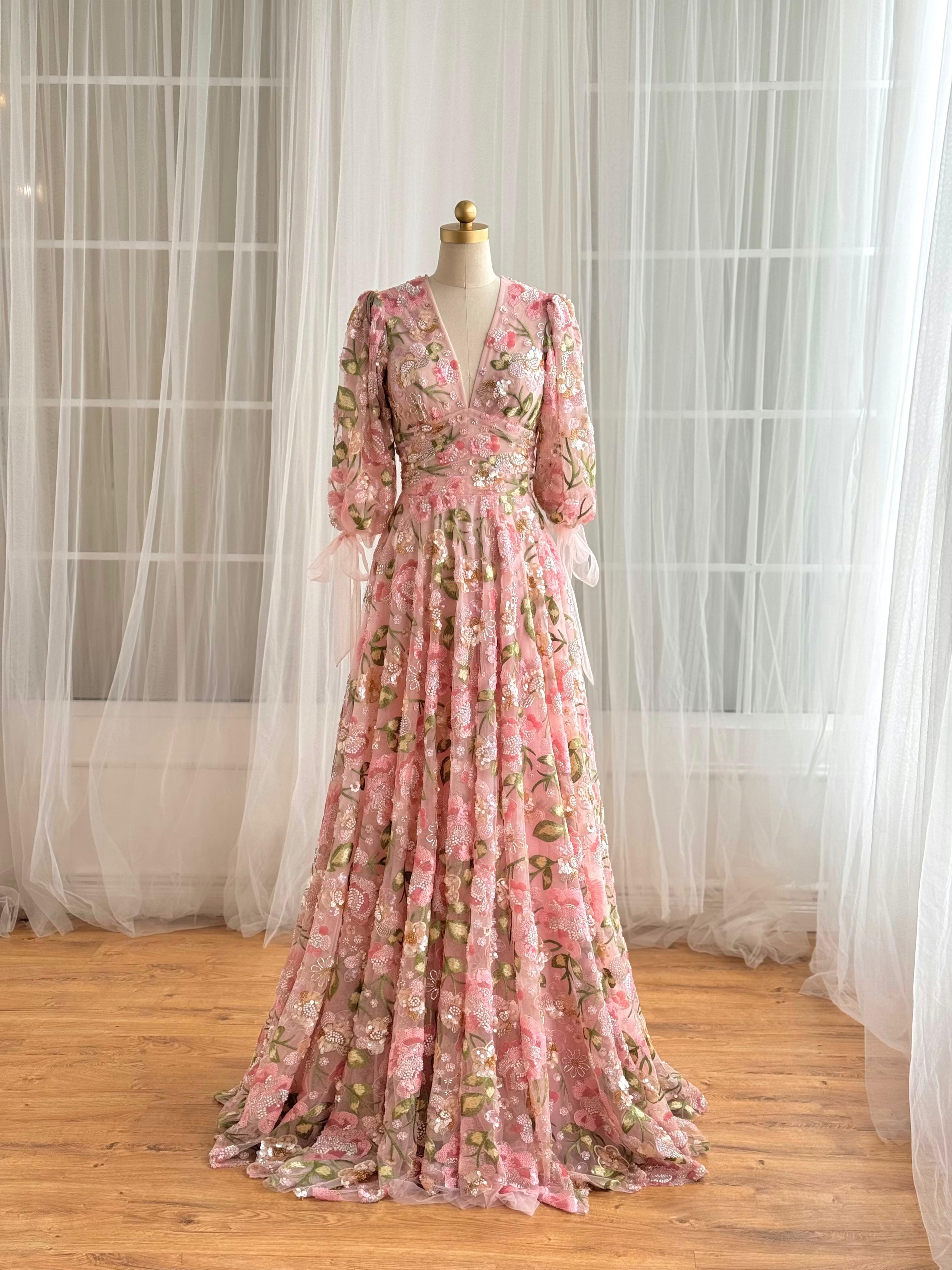 Pink A-Line dress with floral fabric, embroidery, v-neck and long sleeves