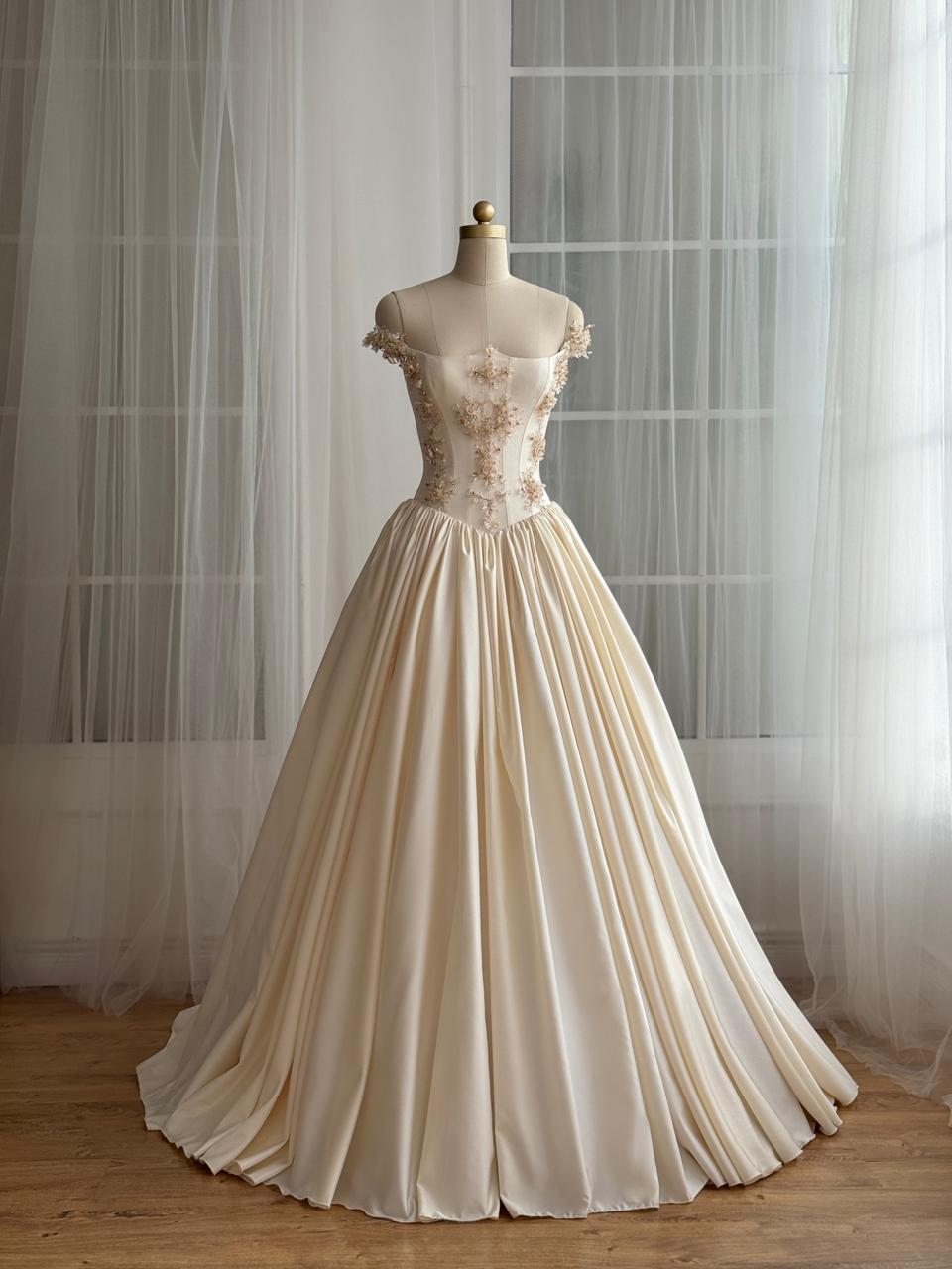 Beige A-Line gown with off the shoulder sleeves and embroidery