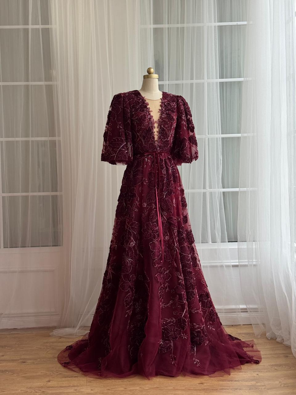 Purple A-Line dress with short sleeves, v-neck and embroidery
