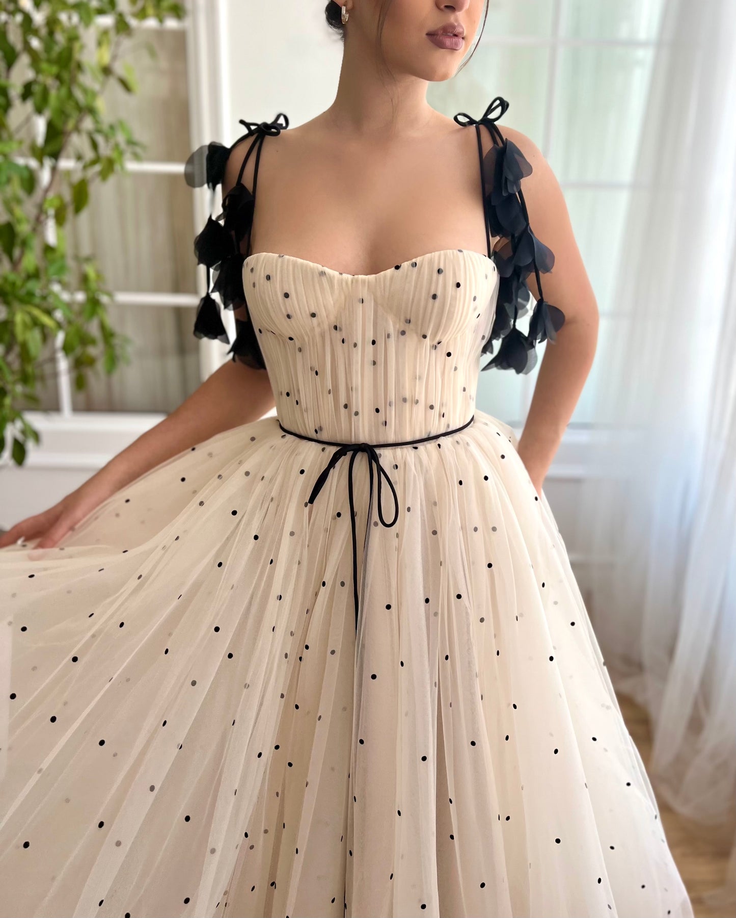 Beige midi dress with dotted fabric, embroidery and straps