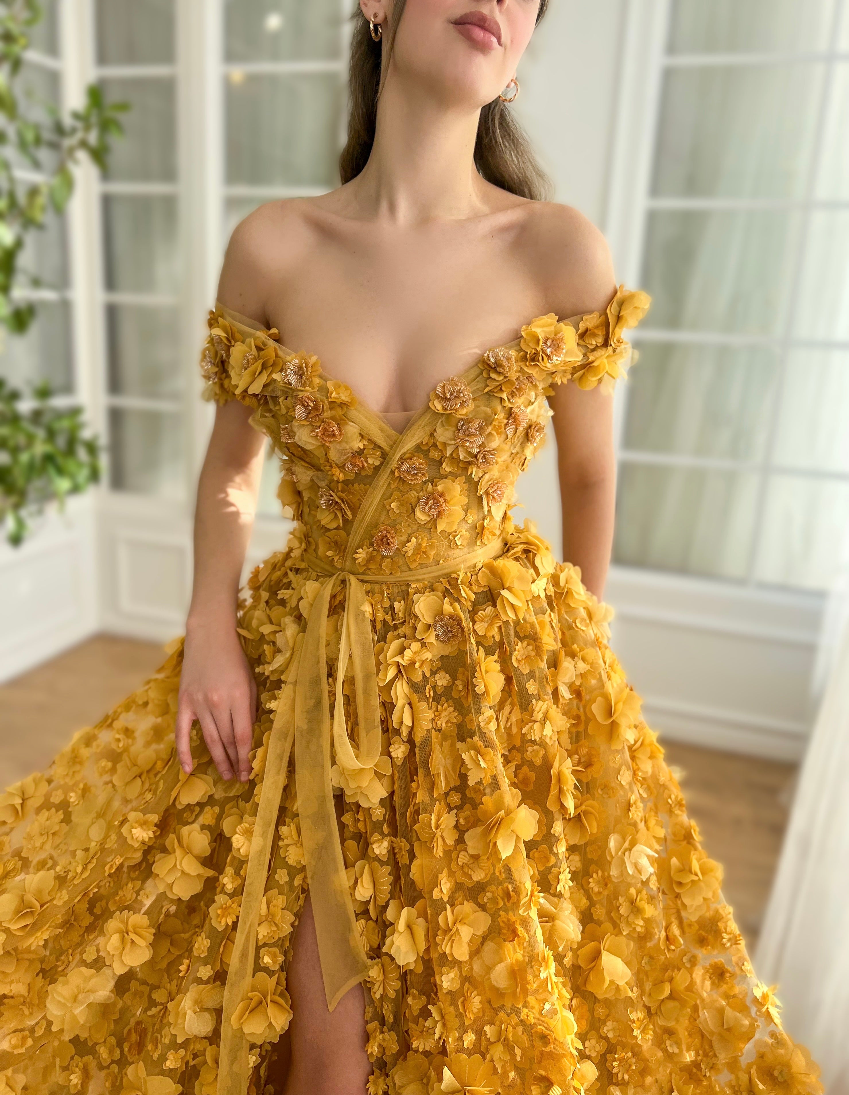 Gold A-Line dress with embroidery and off the shoulder sleeves