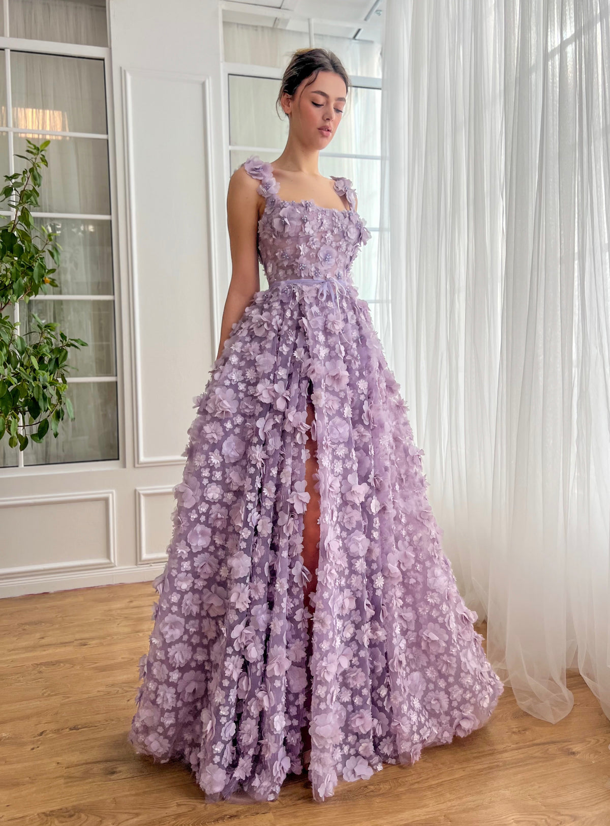 Purple A-Line dress with embroidered flowers and spaghetti straps