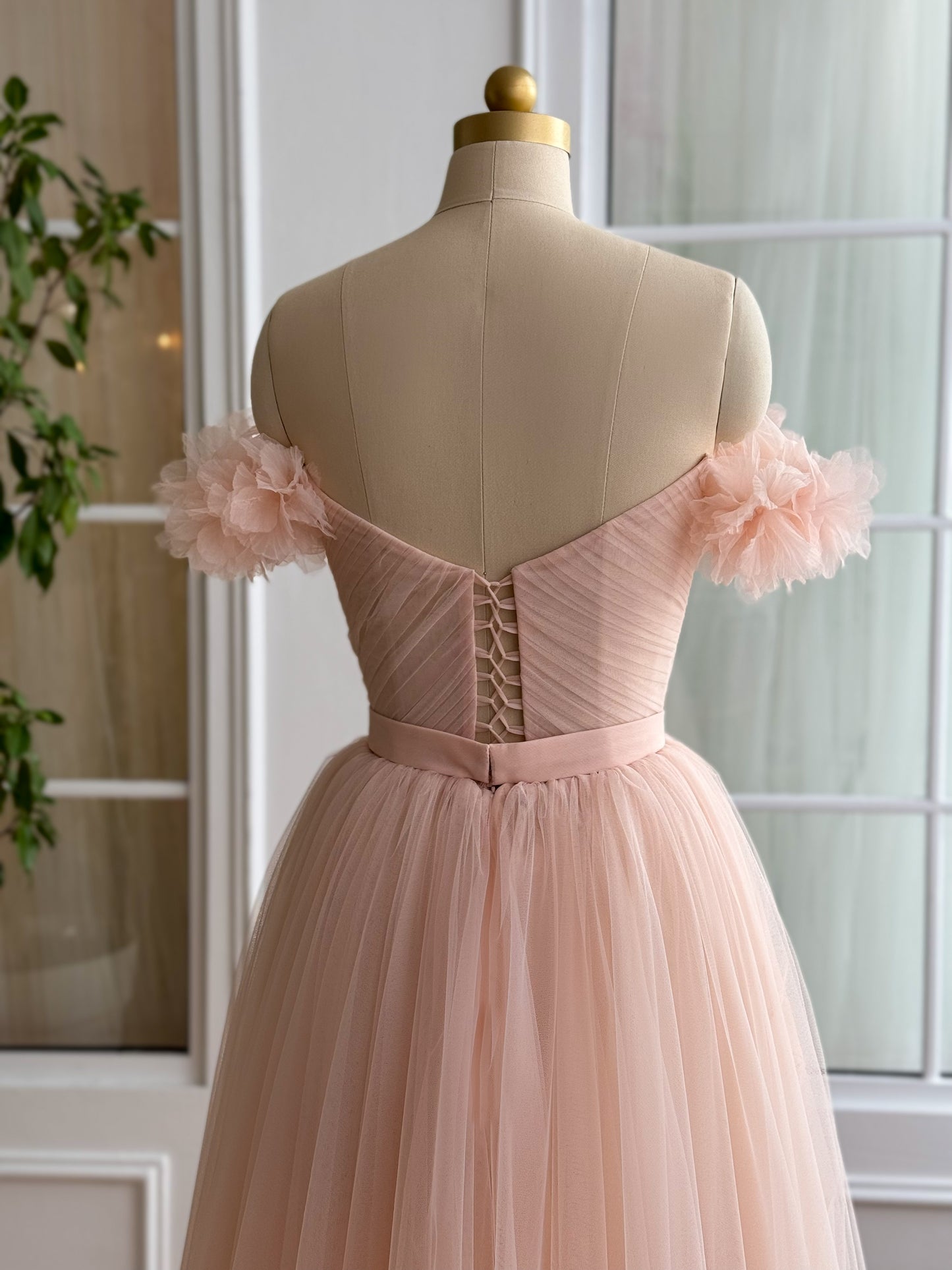 Peach midi dress with off the shoulder sleeves and embroidery