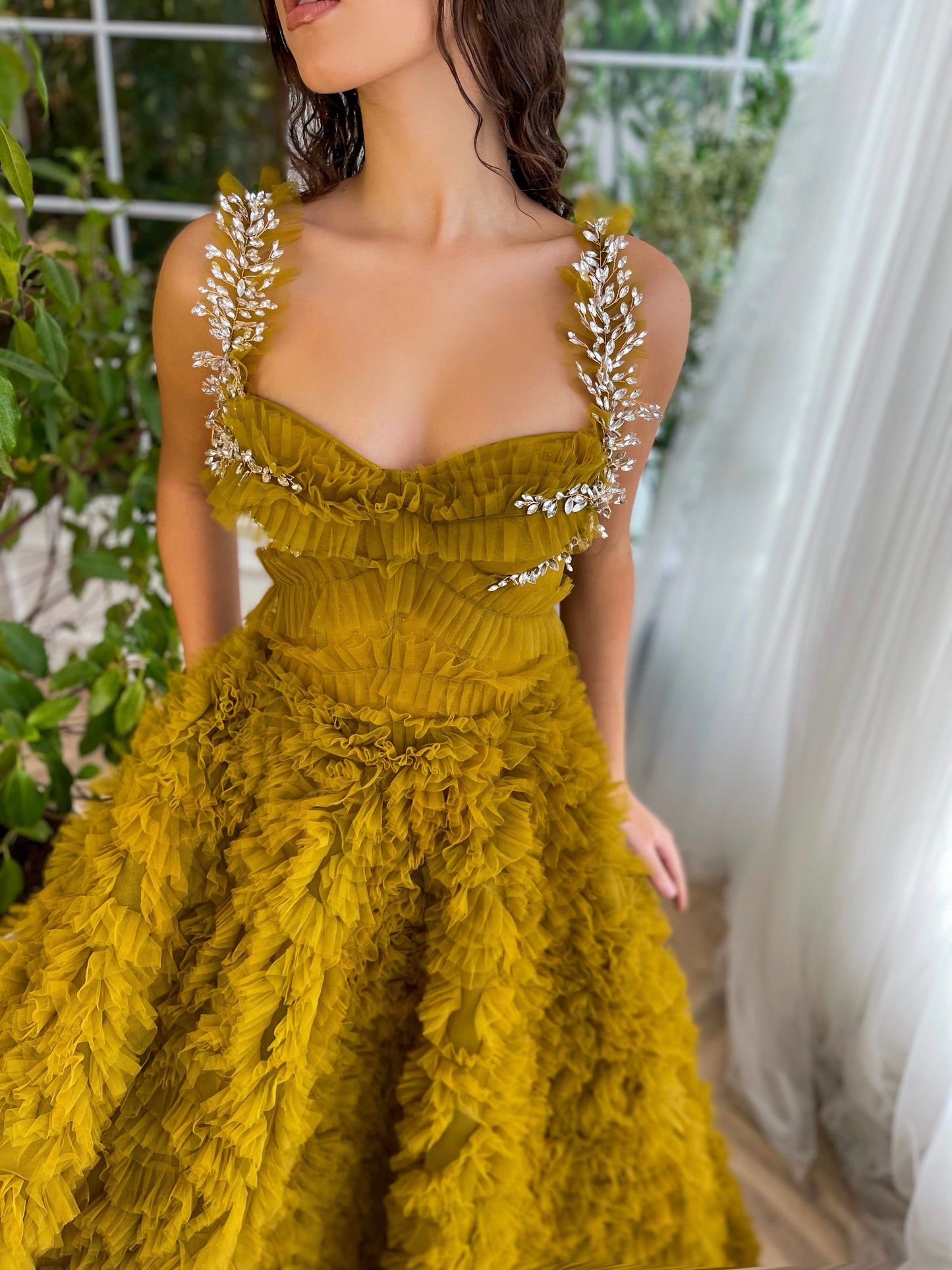 Gold A-Line dress with ruffles, embroidery and spaghetti straps