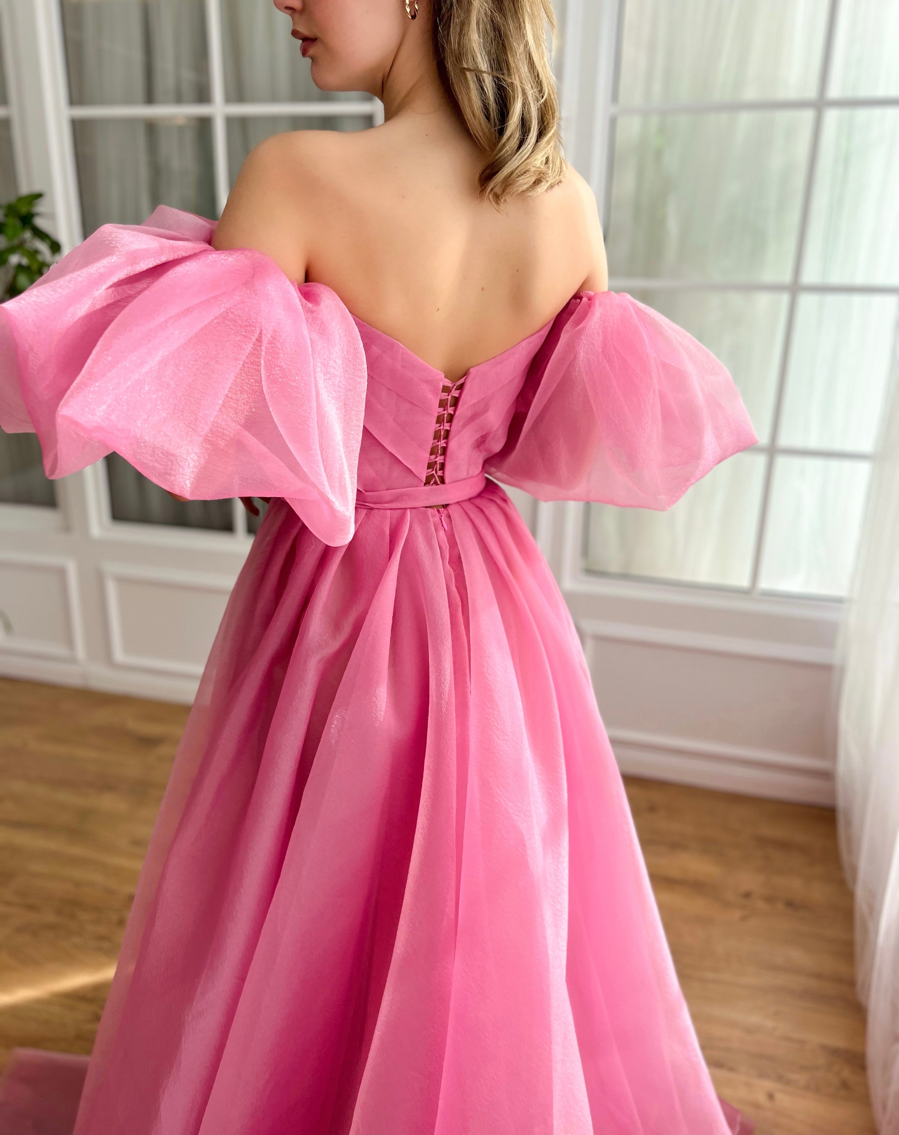 Pink A-Line dress with off the shoulder sleeves