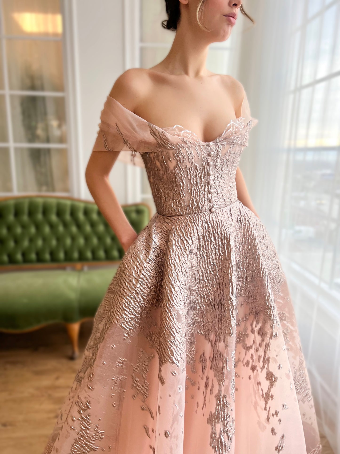 Pink A-Line dress with off the shoulder sleeves