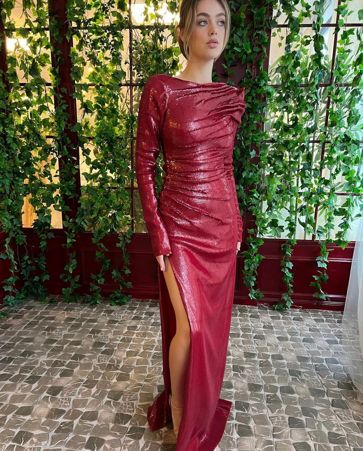 Red mermaid dress with long sleeves and sequins