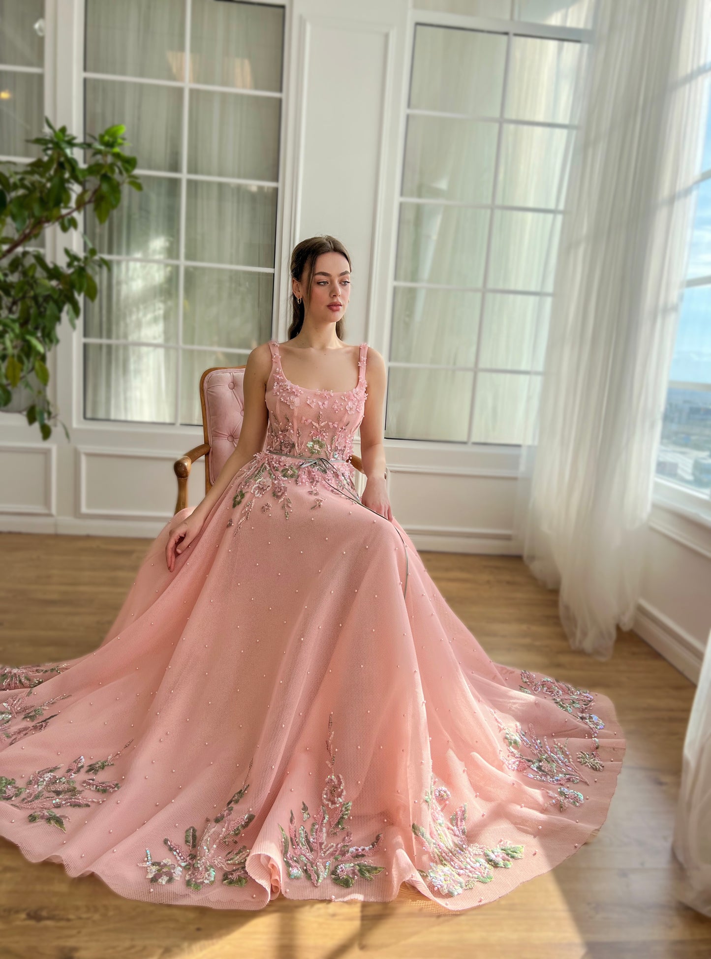 Pink A-Line dress with embroidery, beading and straps