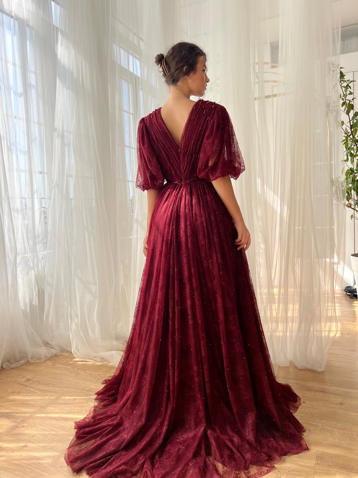 Maroon A-Line gown with short sleeves, embroidery and v-neck