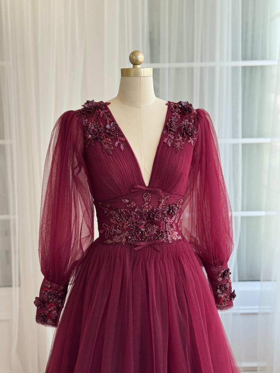 Burgundy A-Line dress with v-neck, long sleeves and embroidery