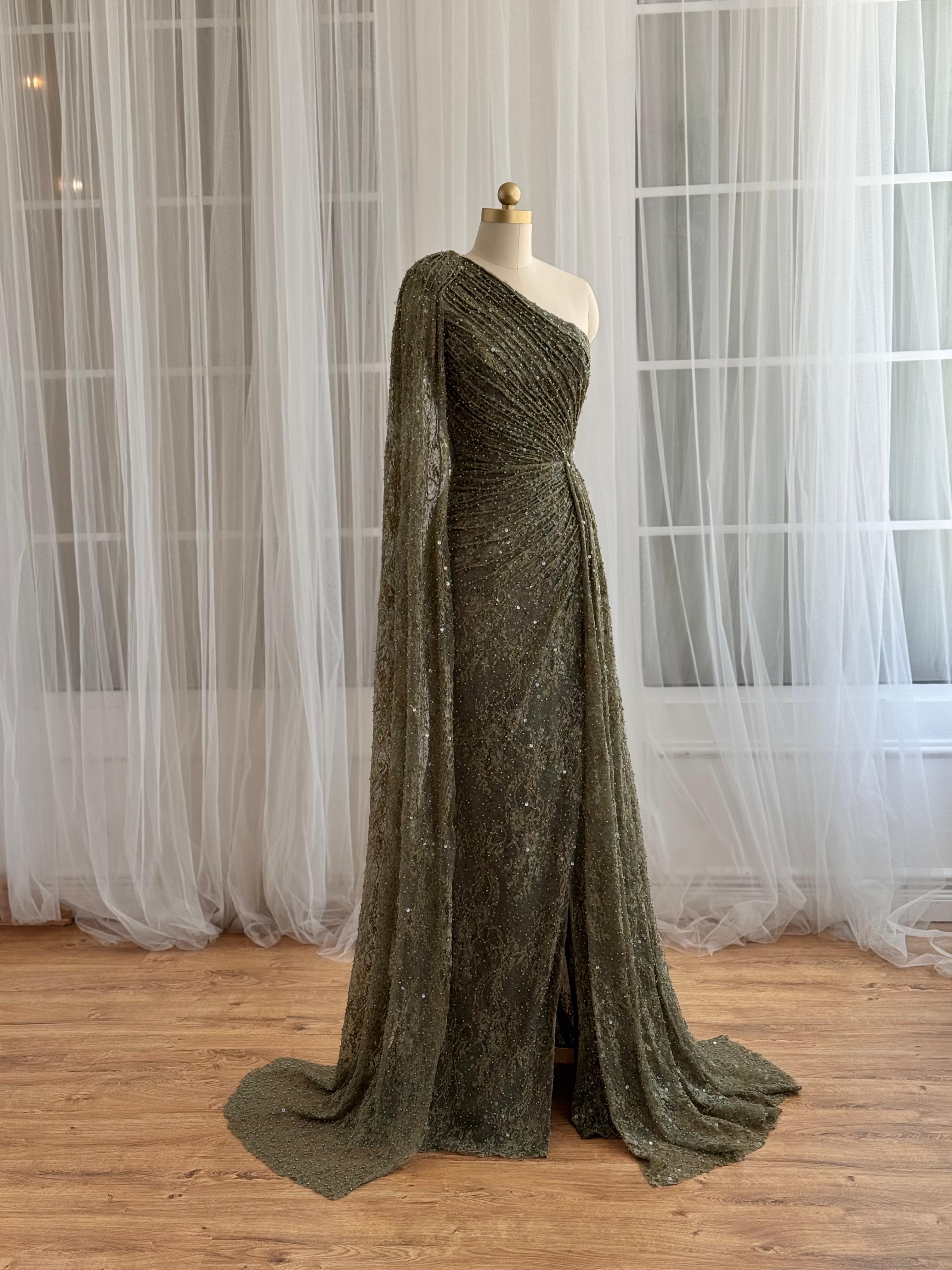 Green mermaid dress with one shoulder cape sleeve
