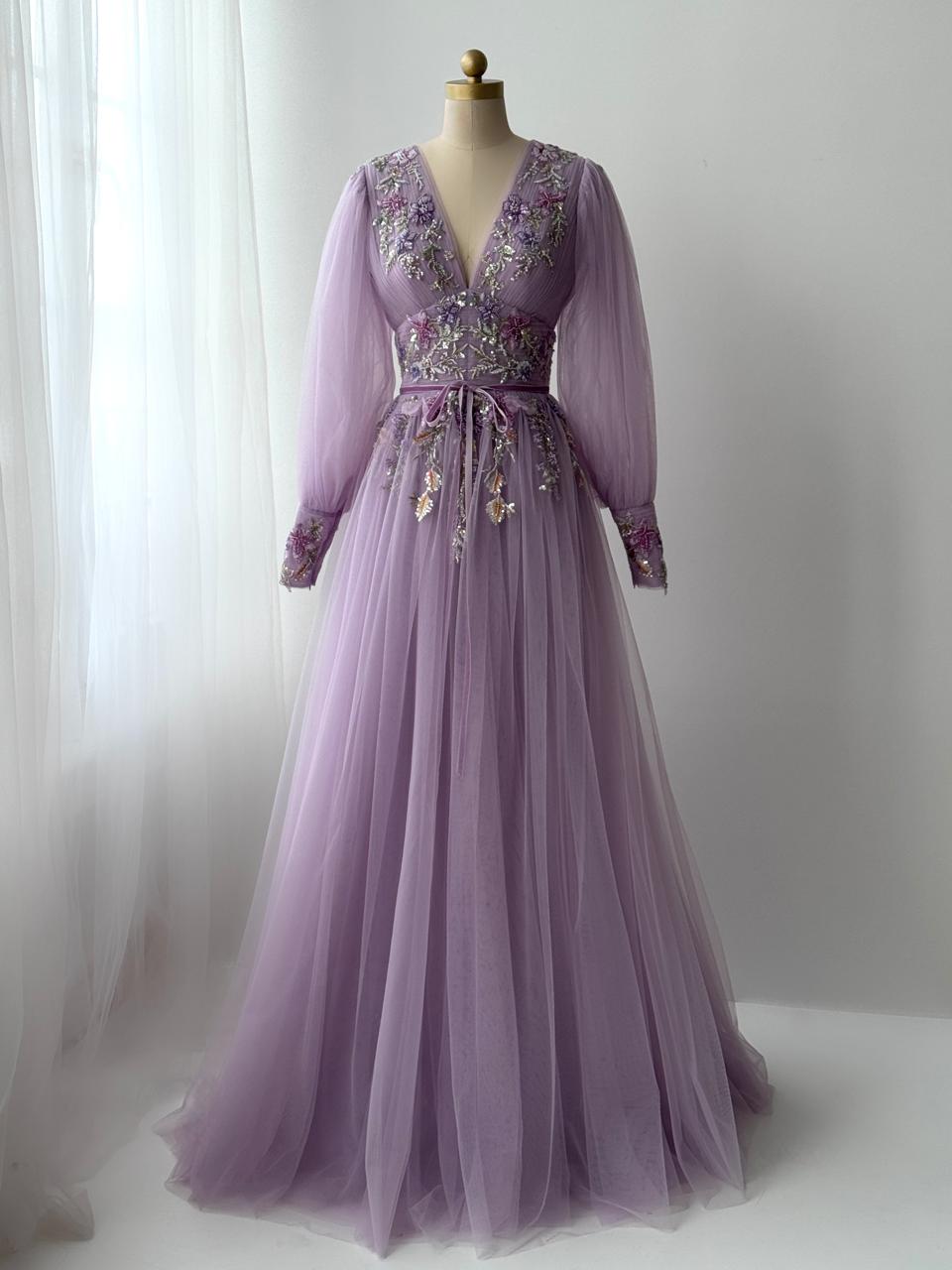 Purple A-Line gown with long sleeves, v-neck and embroidery