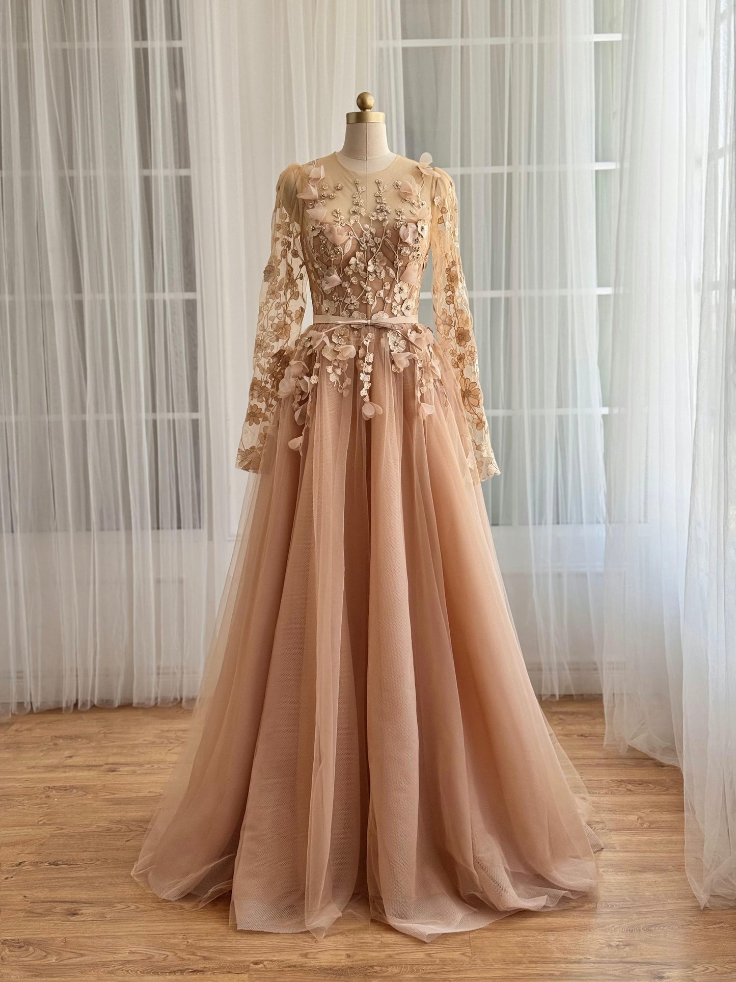 Beige A-Line dress with long sleeves and embroidered flowers