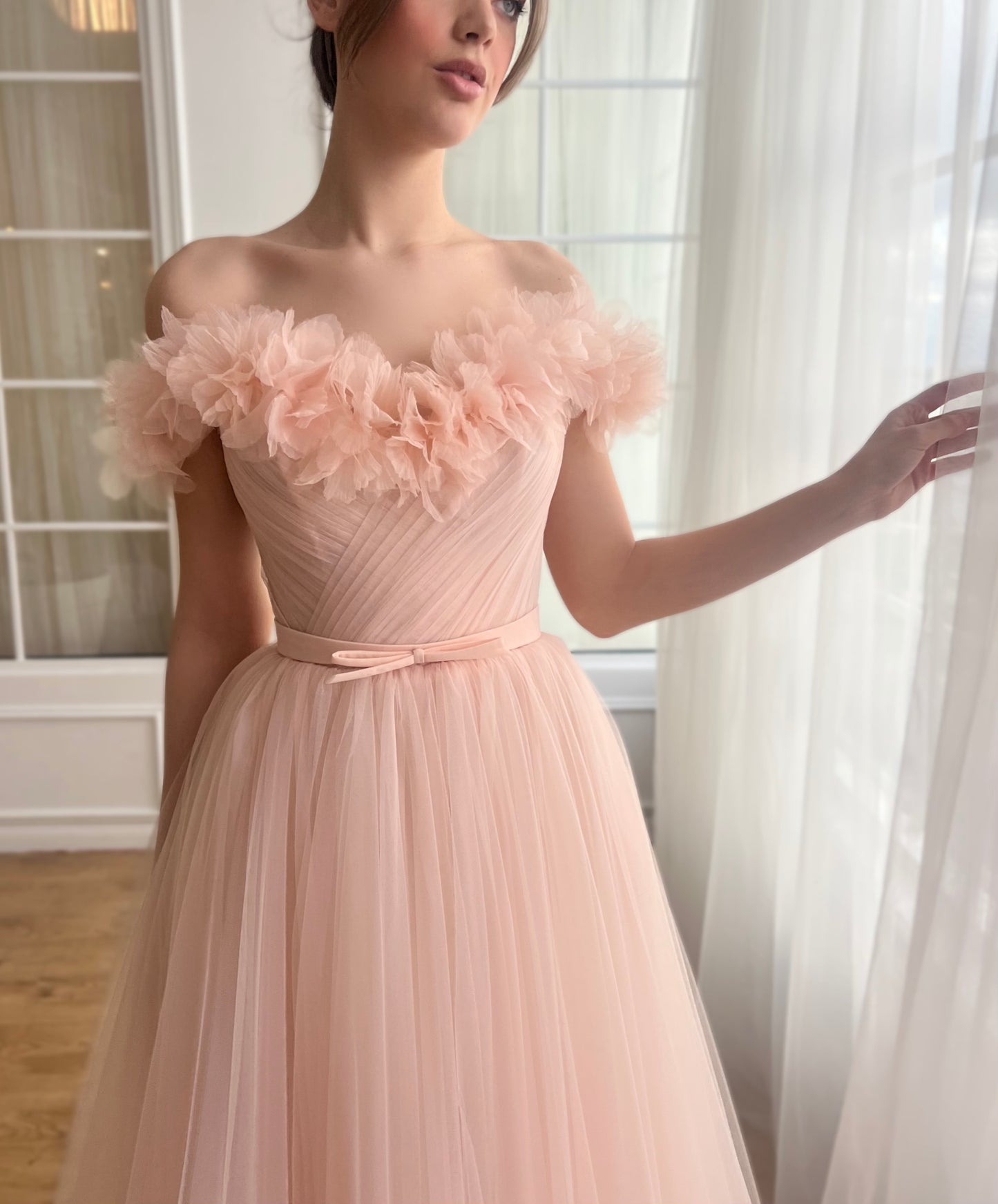 Peach midi dress with off the shoulder sleeves and embroidery