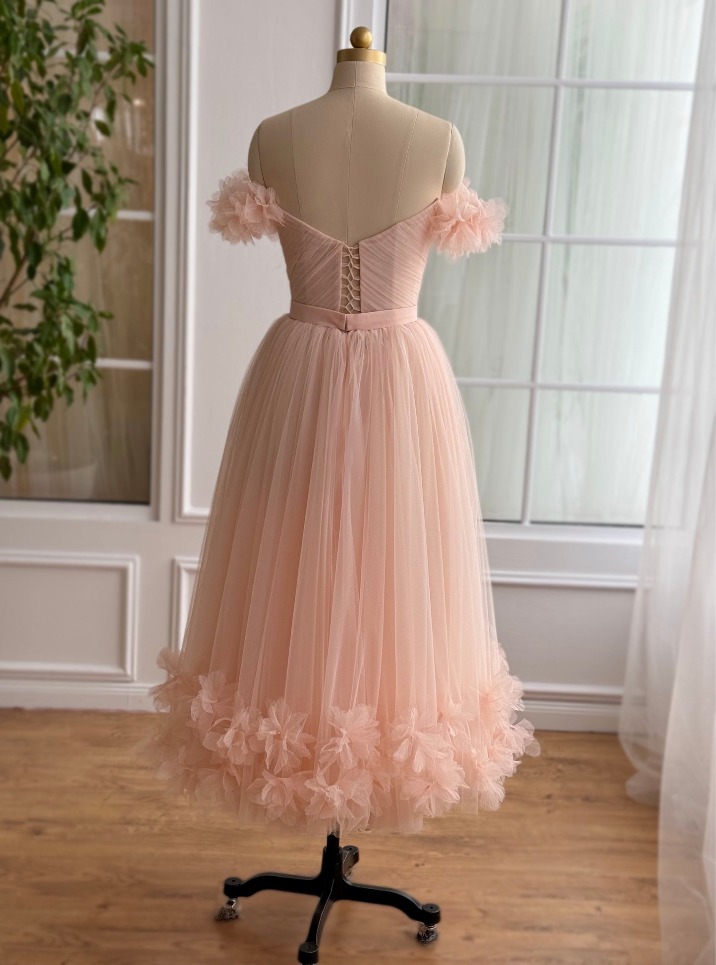 Peach midi dress with off the shoulder sleeves and embroidery