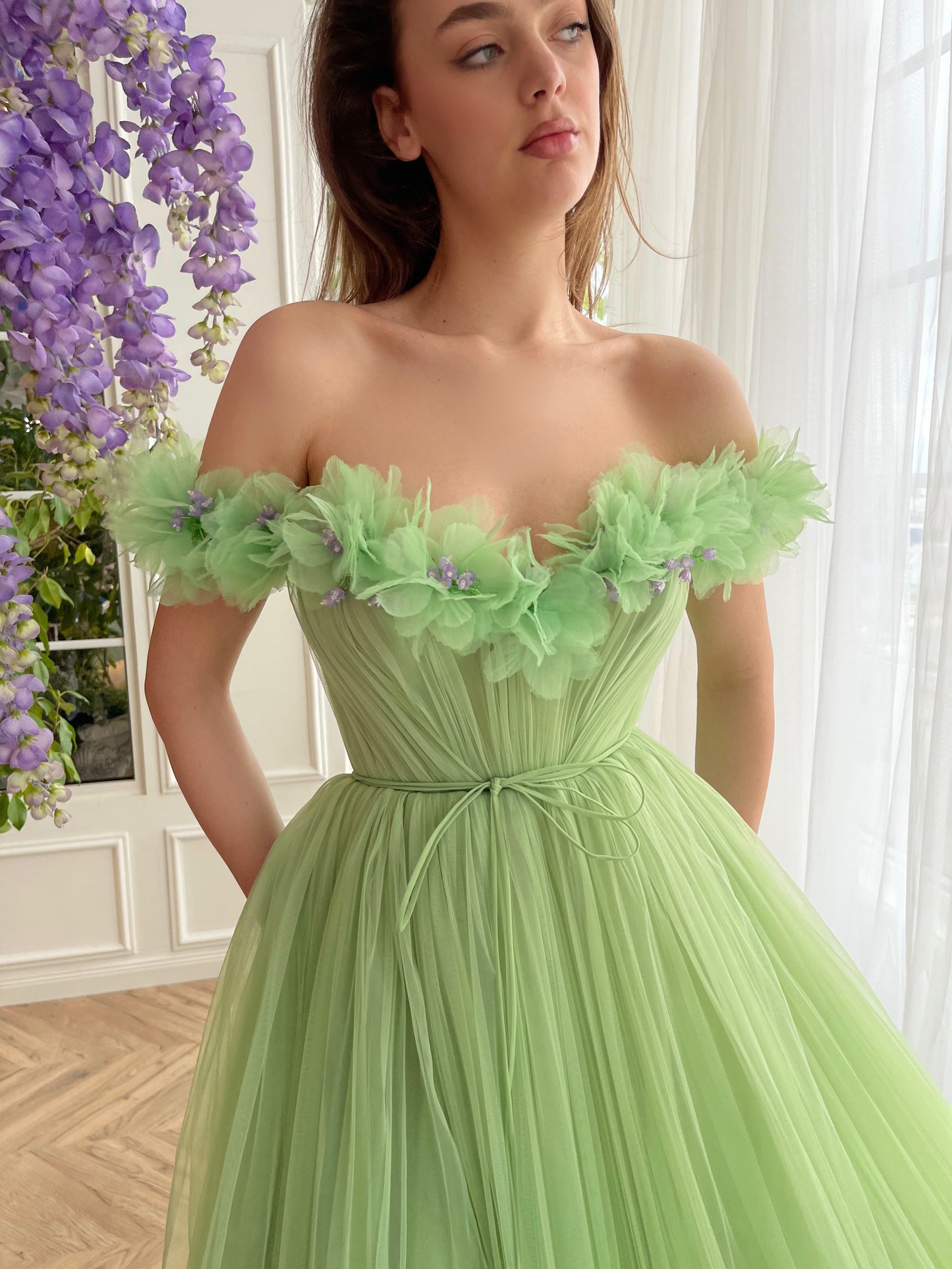 Green A-Line dress with off the shoulder sleeves and embroidery