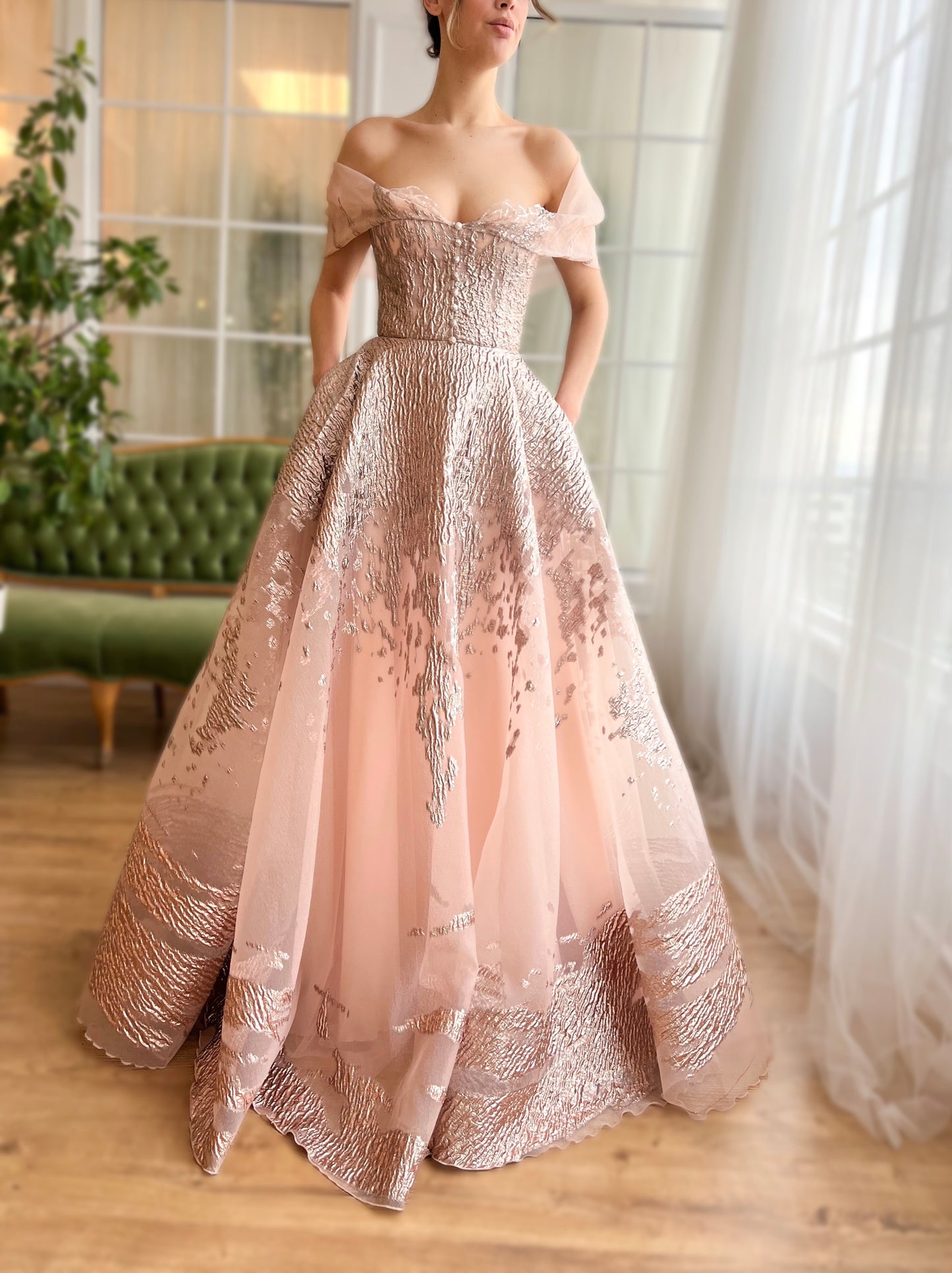 Pink A-Line dress with off the shoulder sleeves