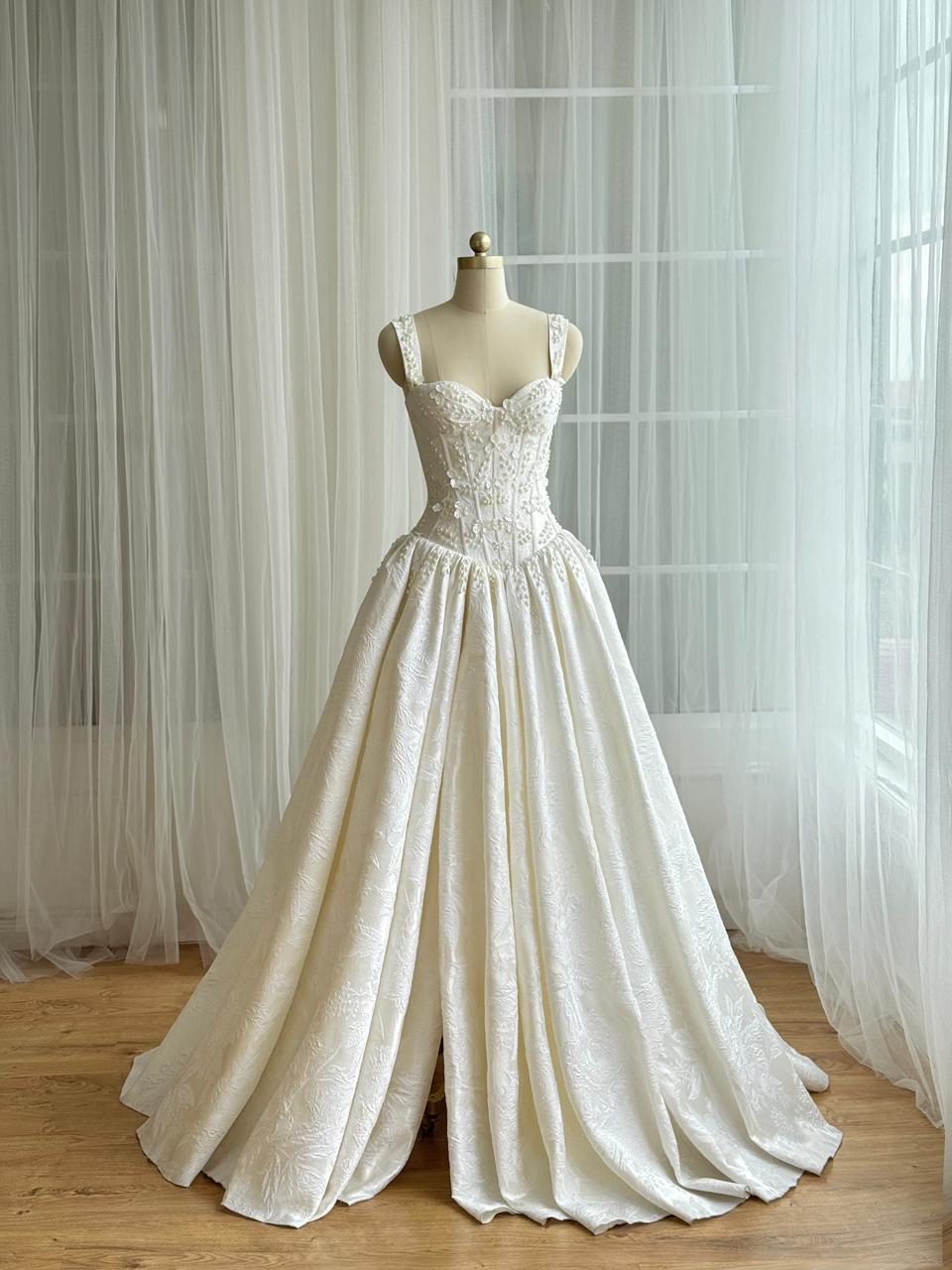 White A-Line bridal gown with straps, beading and embroidery