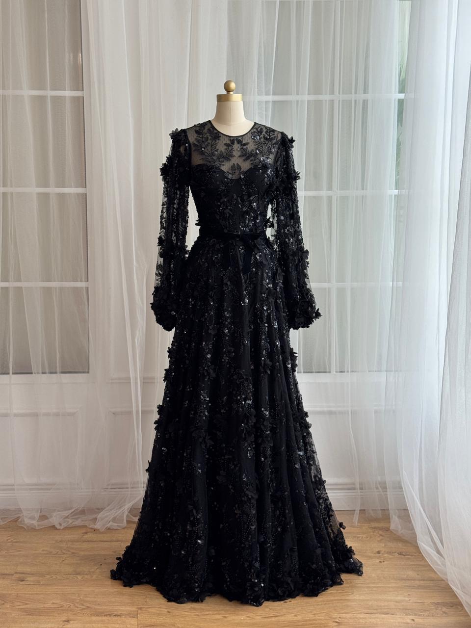 Black A-Line gown with long sleeves with embroidery