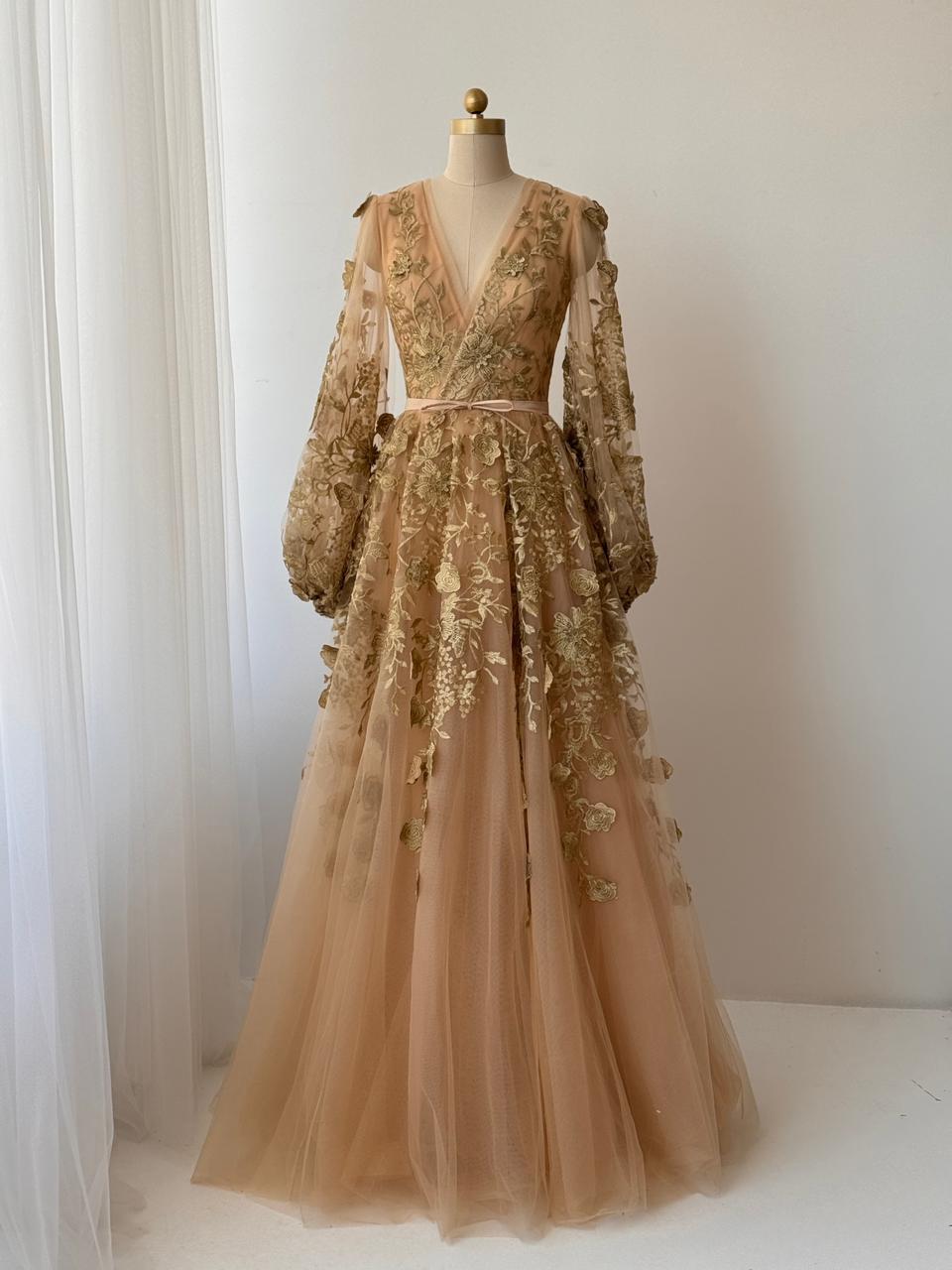 Vanilla A-Line gown with long sleeves, embroidery and v-neck