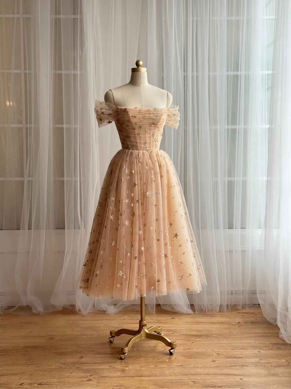 Gold midi dress with off the shoulder sleeves and starry tulle fabric
