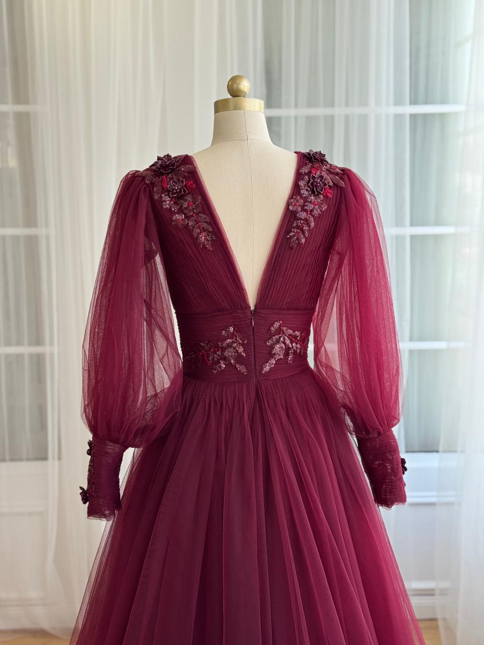 Burgundy A-Line dress with v-neck, long sleeves and embroidery