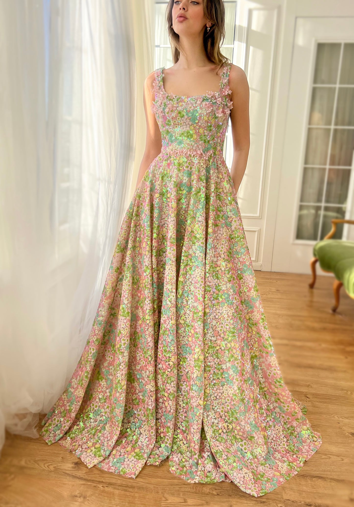 Colorful A-Line dress with embroidery and flowers and straps