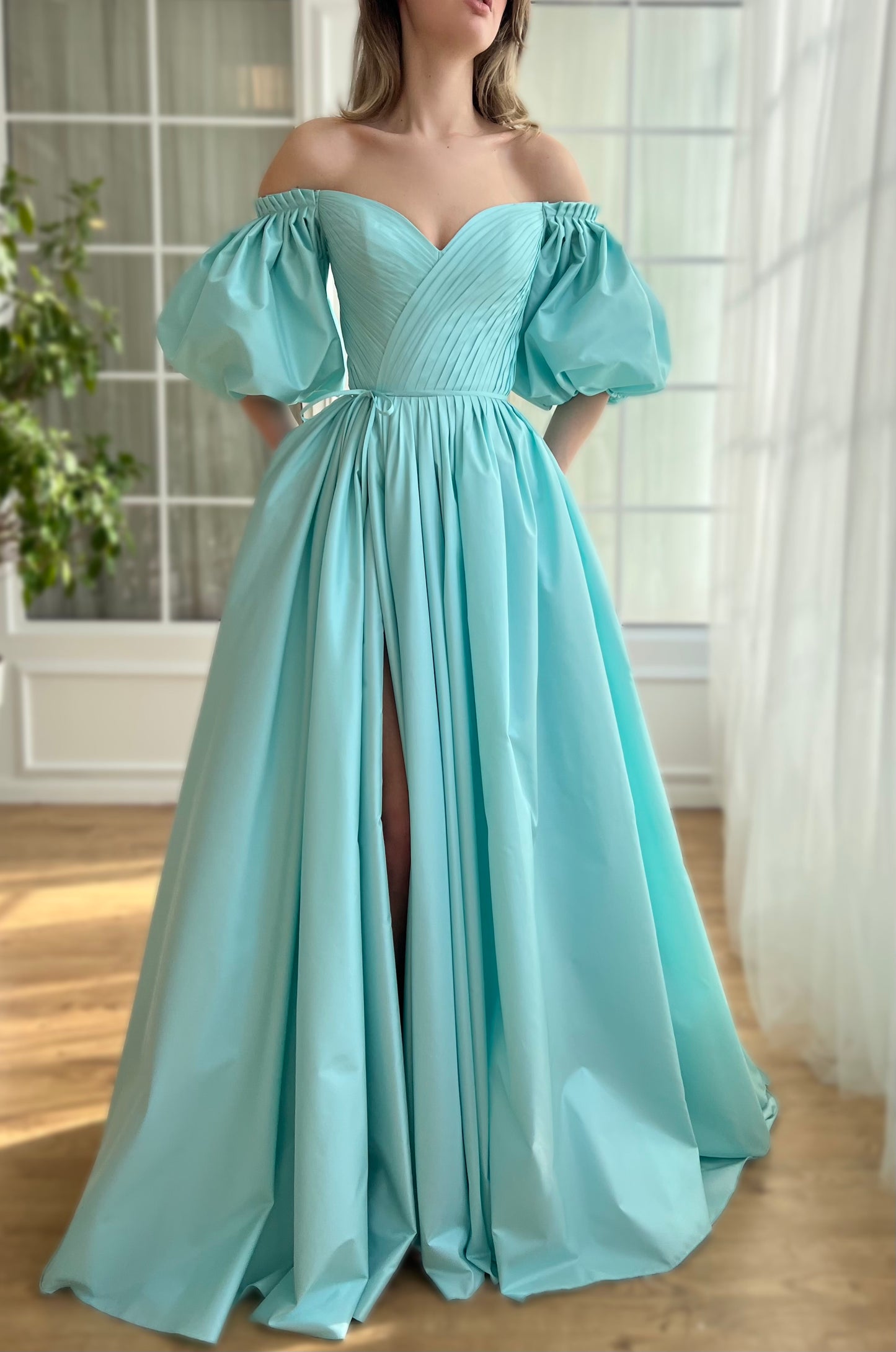 Blue A-Line dress with short off the shoulder sleeves