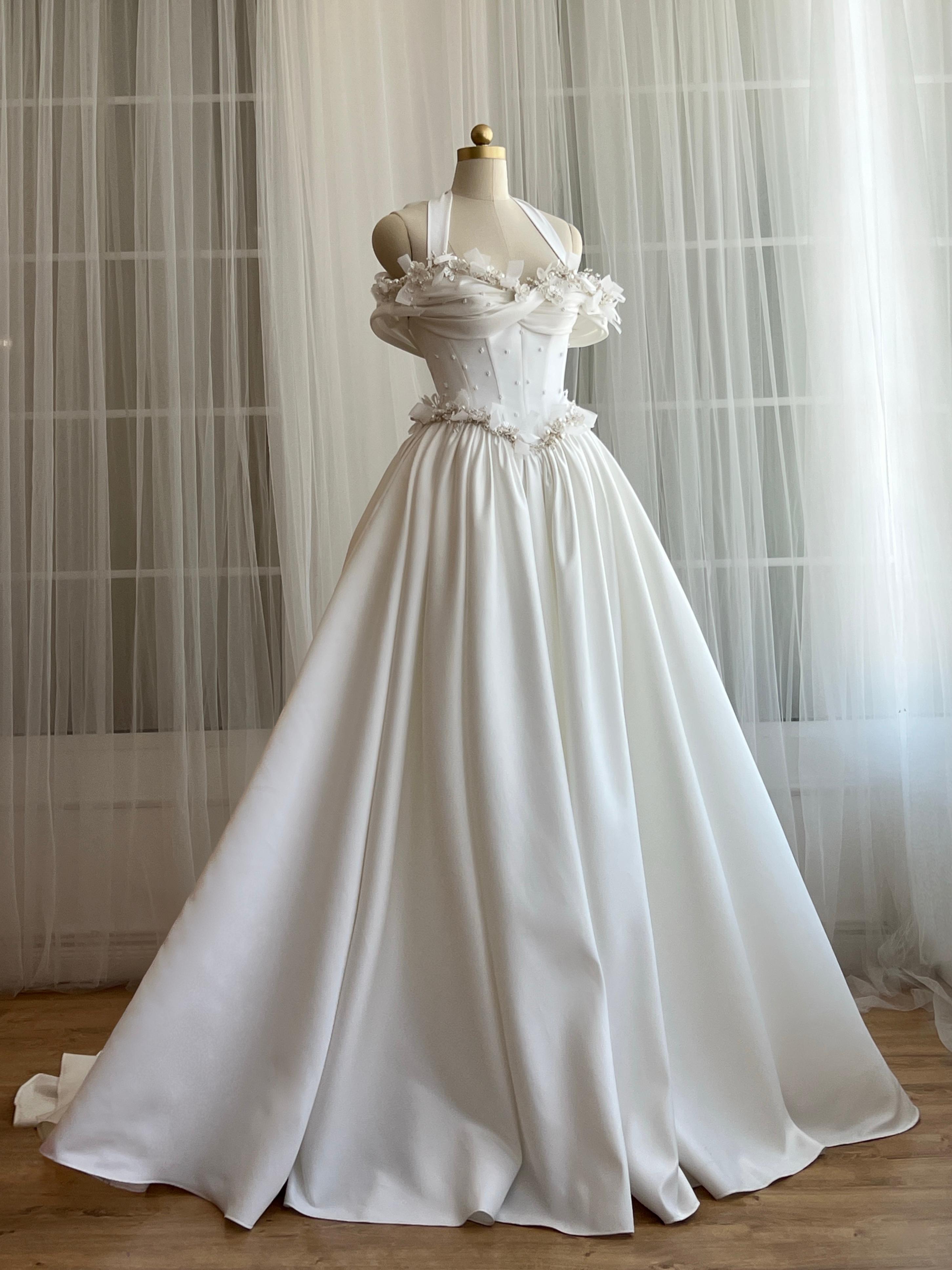 White bridal A-Line dress with embroidery, straps, off the shoulder sleeves and pearls