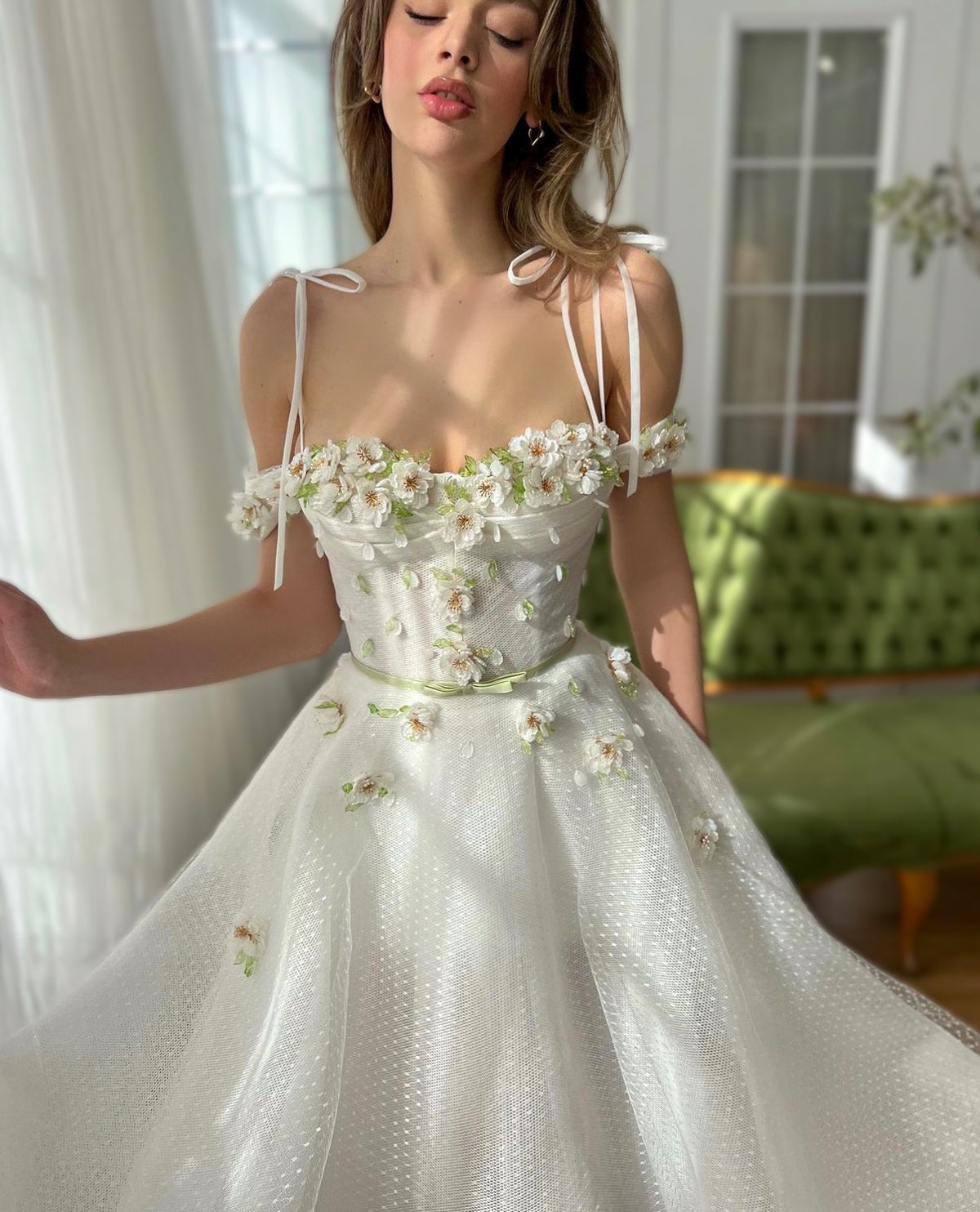 White A-Line dress with spaghetti straps and embroidery