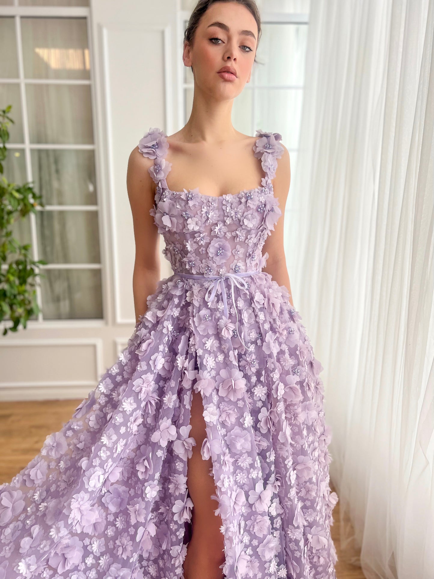 Purple A-Line dress with embroidered flowers and spaghetti straps