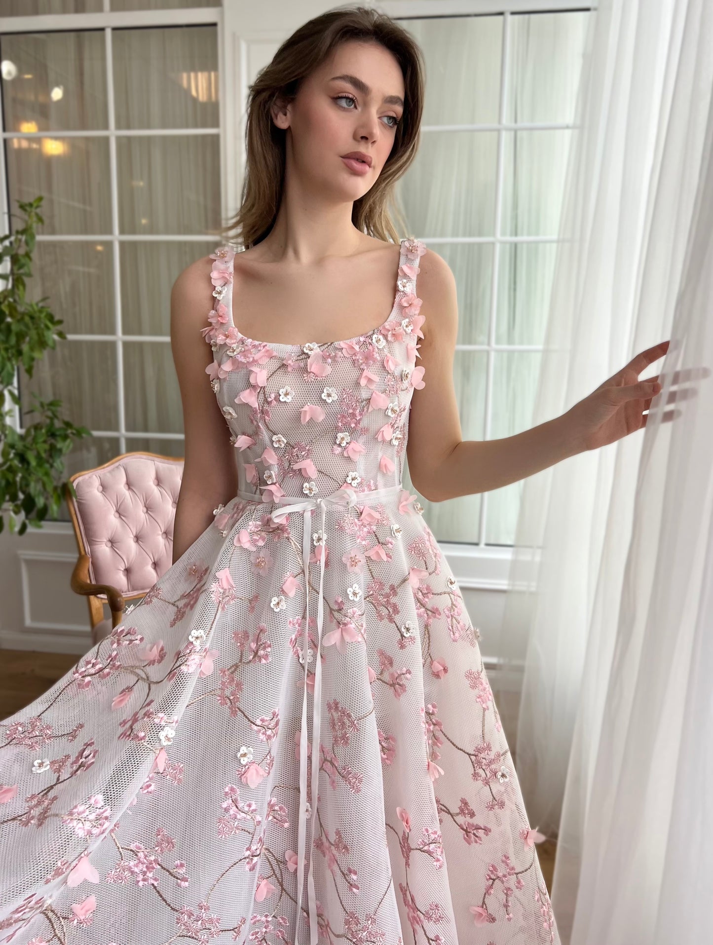 Pink midi dress with embroidered cherry blossoms and straps