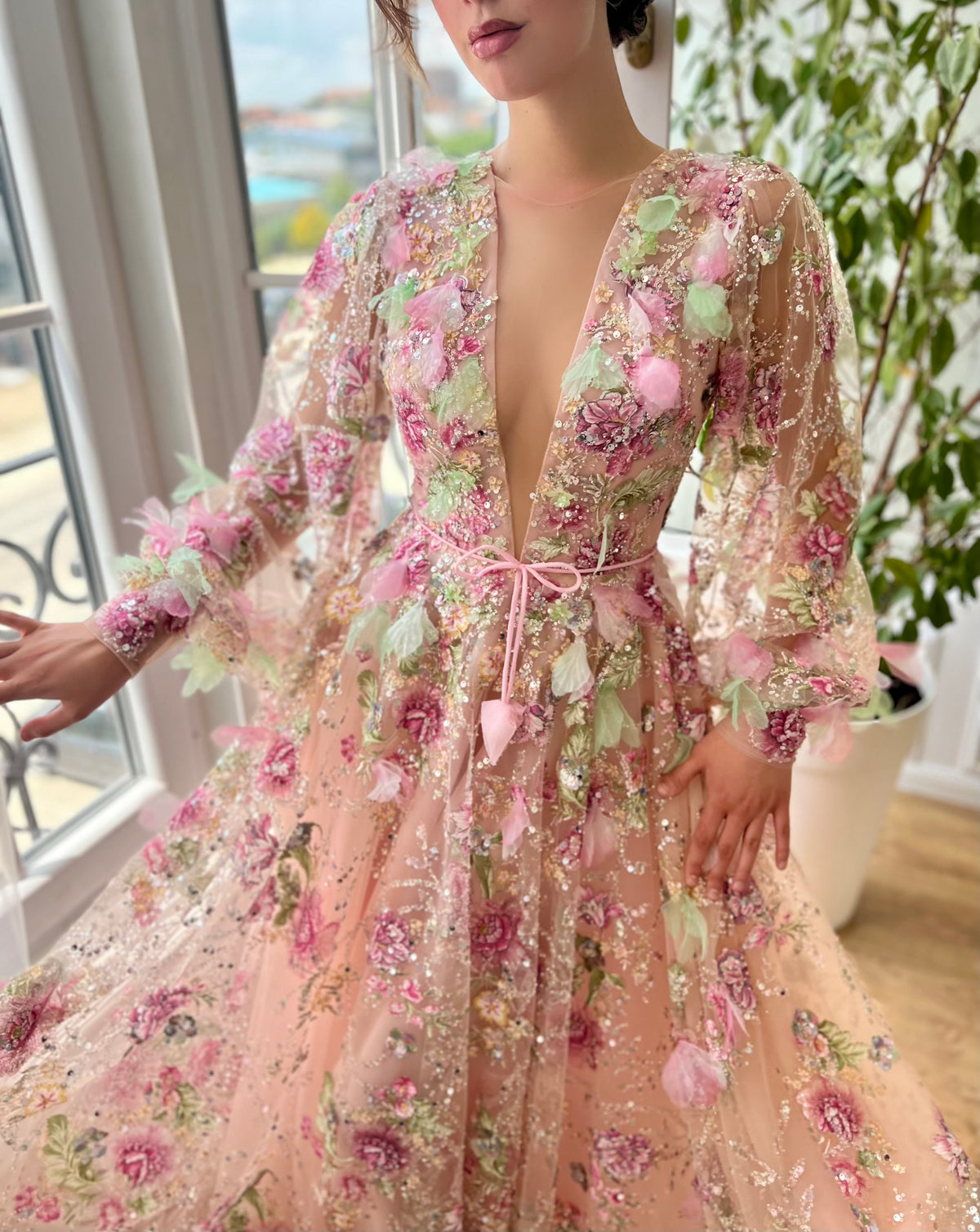 Pink A-Line Dress with v-neck, long sleeves and embroidery