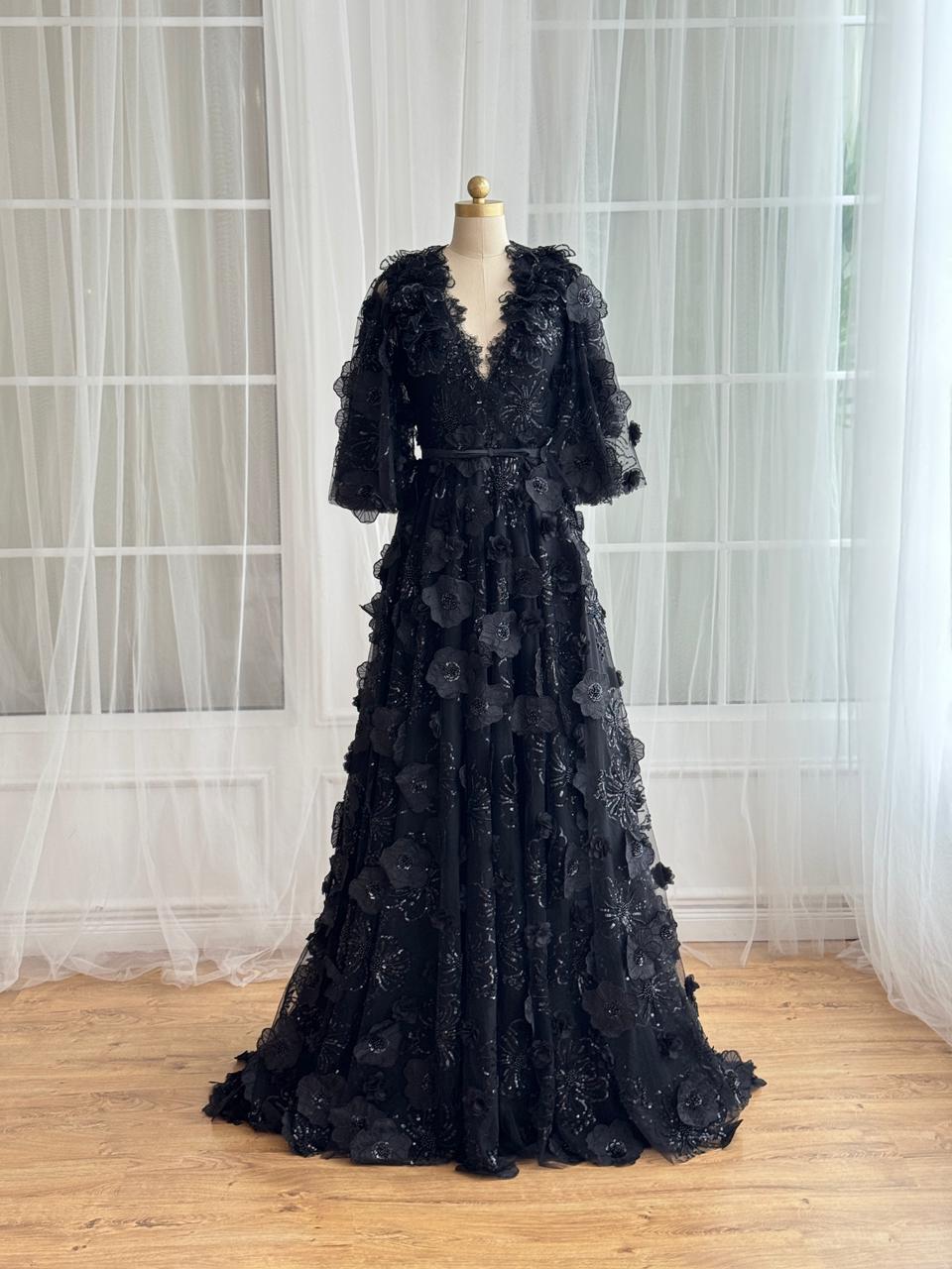 Black A-Line gown with v-neck, embroidery and short sleeves