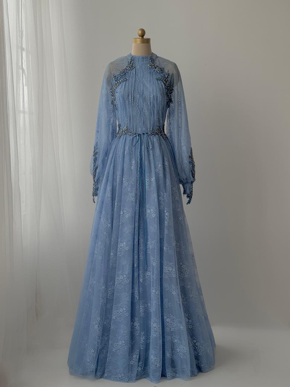 Blue A-Line gown with long sleeves, v-neck and embroidery
