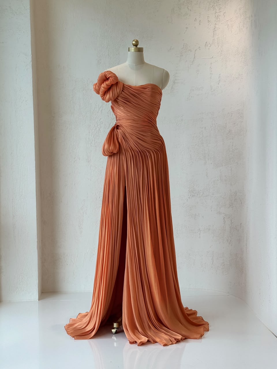 Orange A-Line gown with embroider, draped fabric and no sleeves