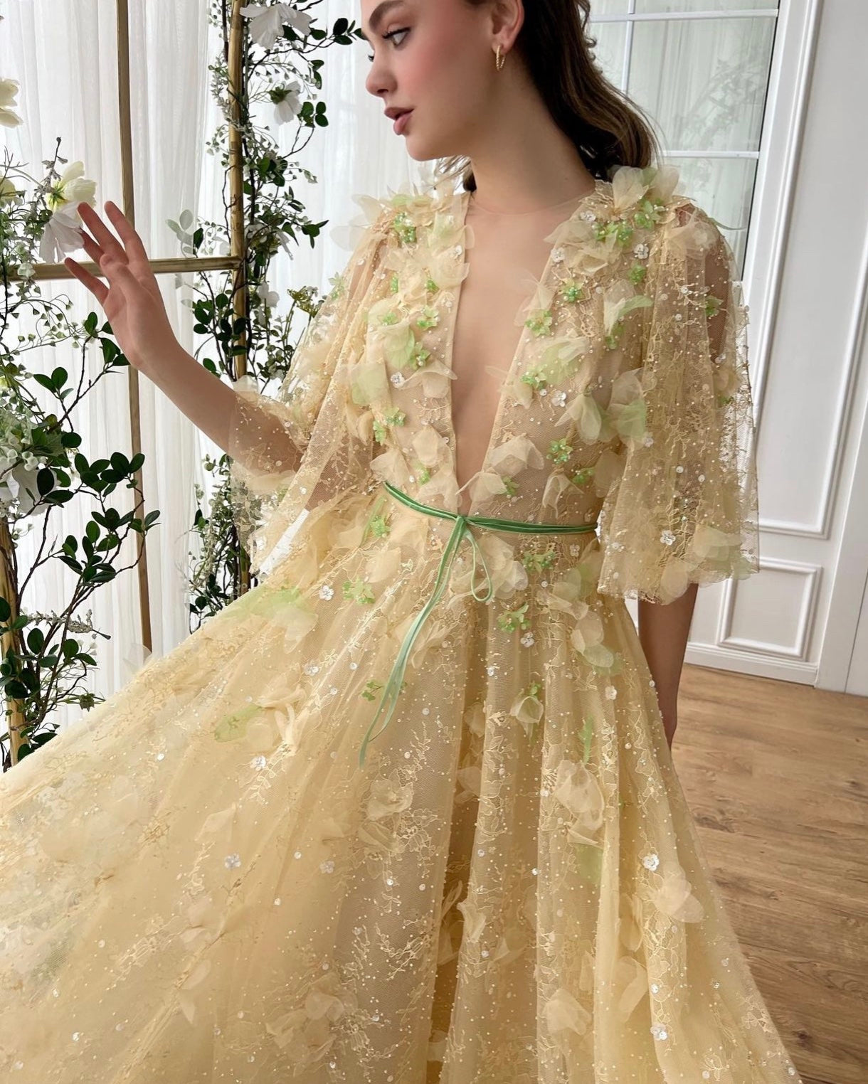 Beige A-Line dress with flutter sleeves, v-neck and embroidery