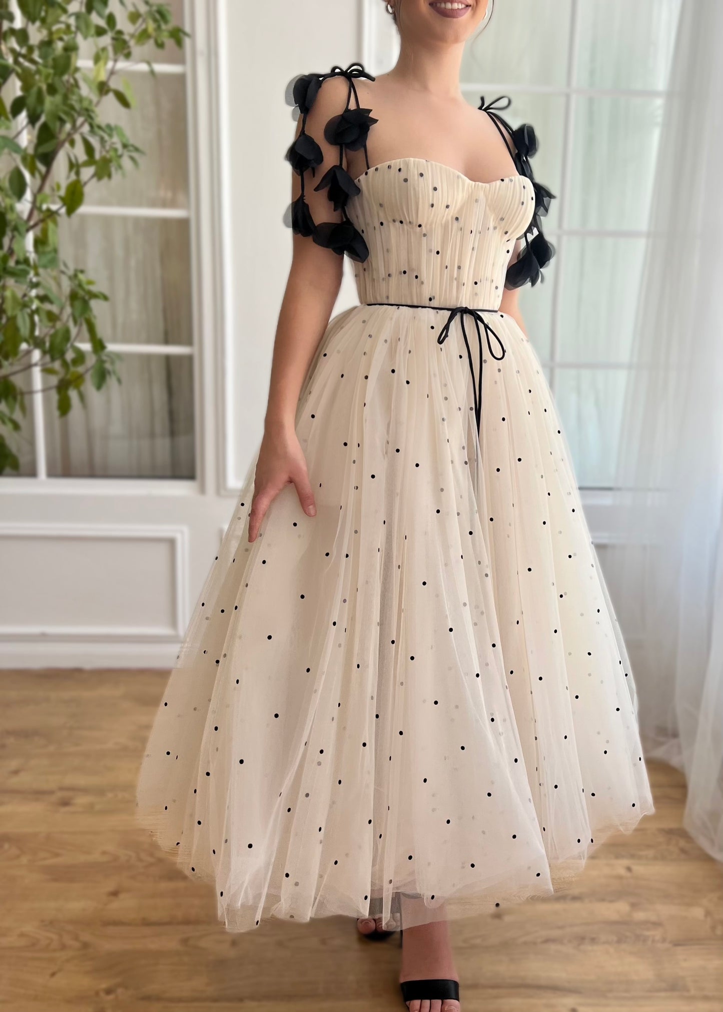 Beige midi dress with dotted fabric, embroidery and straps