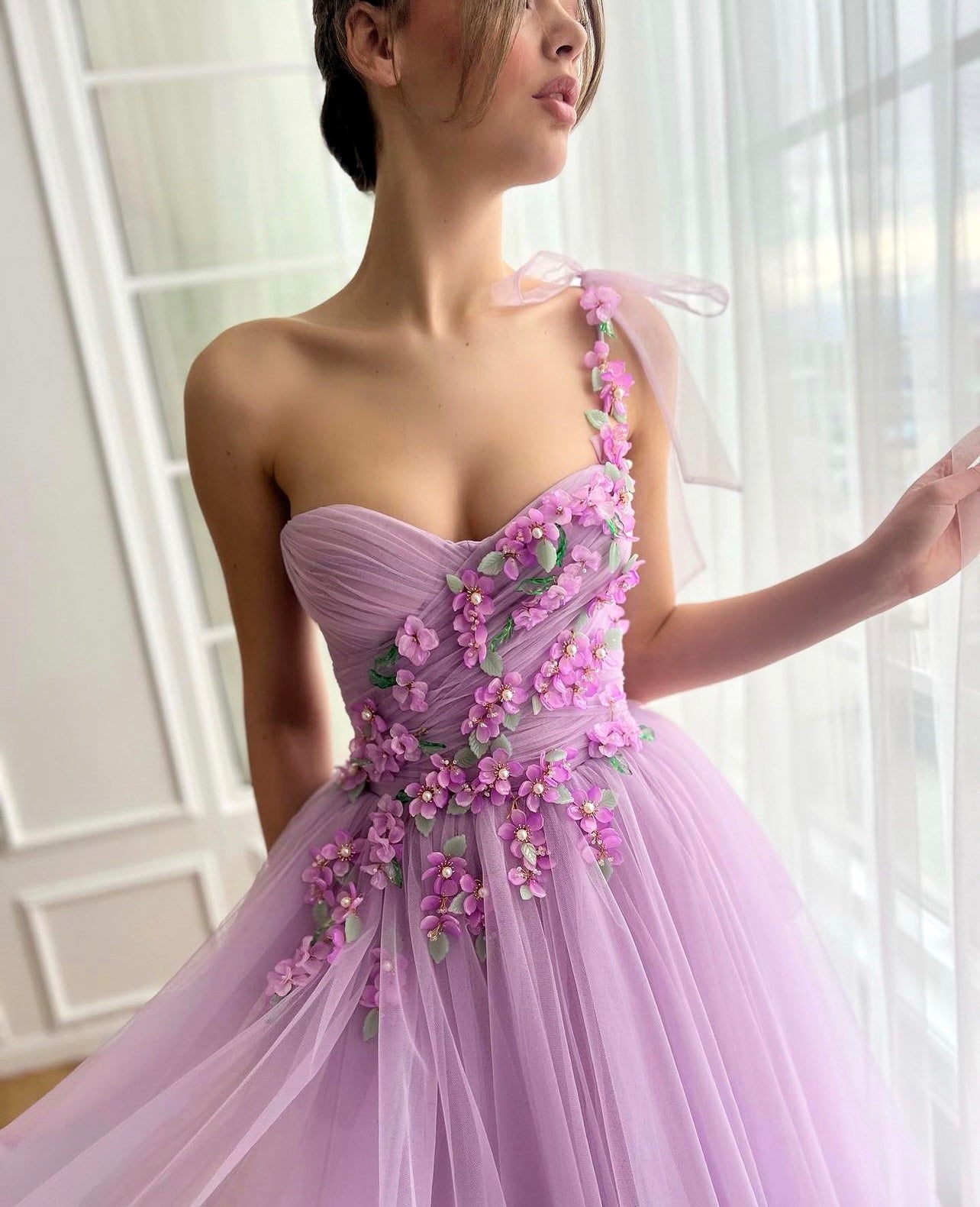 Purple midi dress with one shoulder strap and embroidered flowers