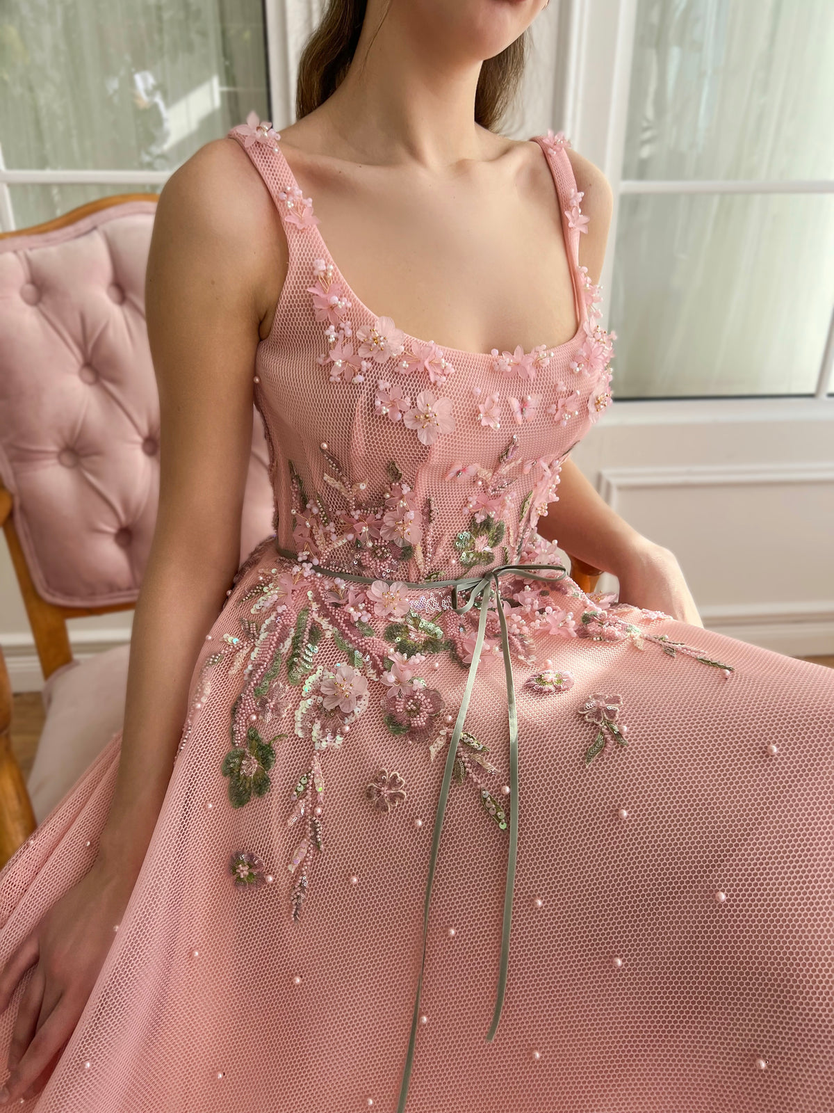 Pink A-Line dress with embroidery, beading and straps