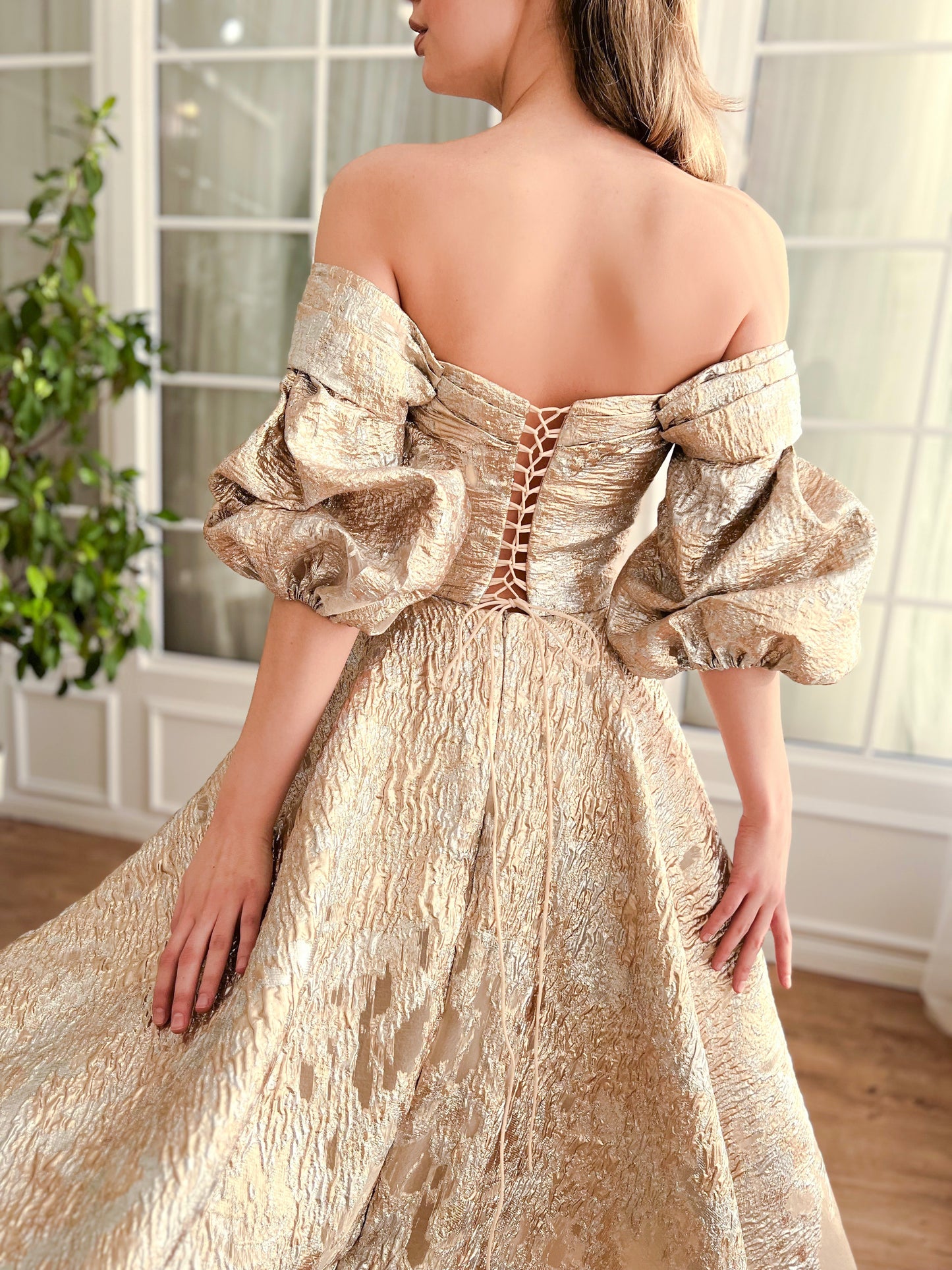 Beige A-Line dress with long off the shoulder sleeves