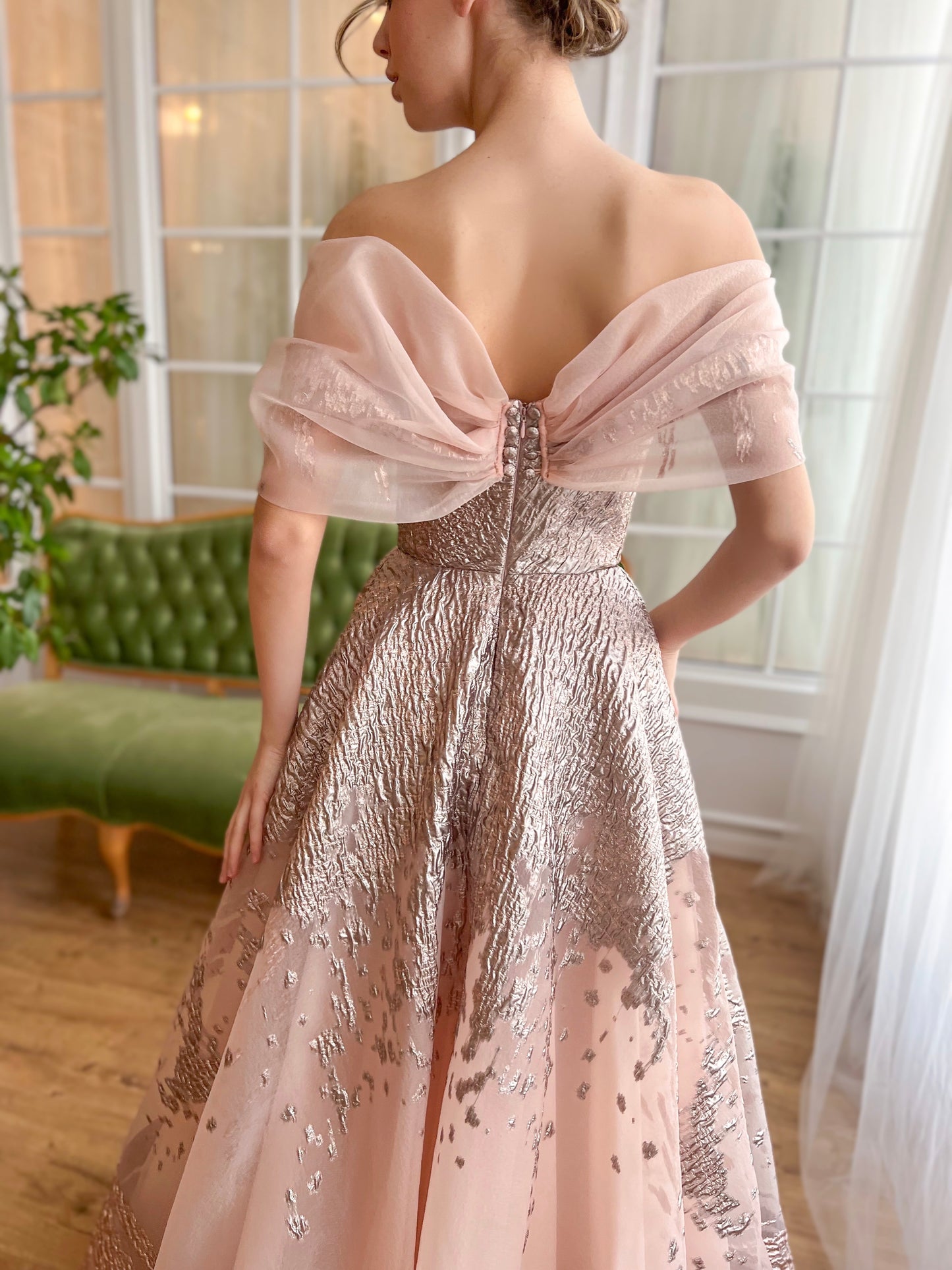 Pink A-Line dress with off the shoulder sleeves